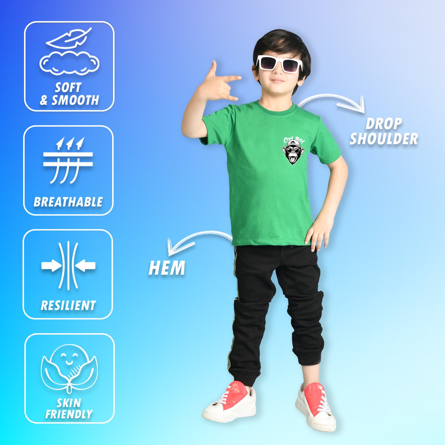 Nusyl Boys Green Monkey Printed Short sleeve Cotton Blend Oversized T-shirts