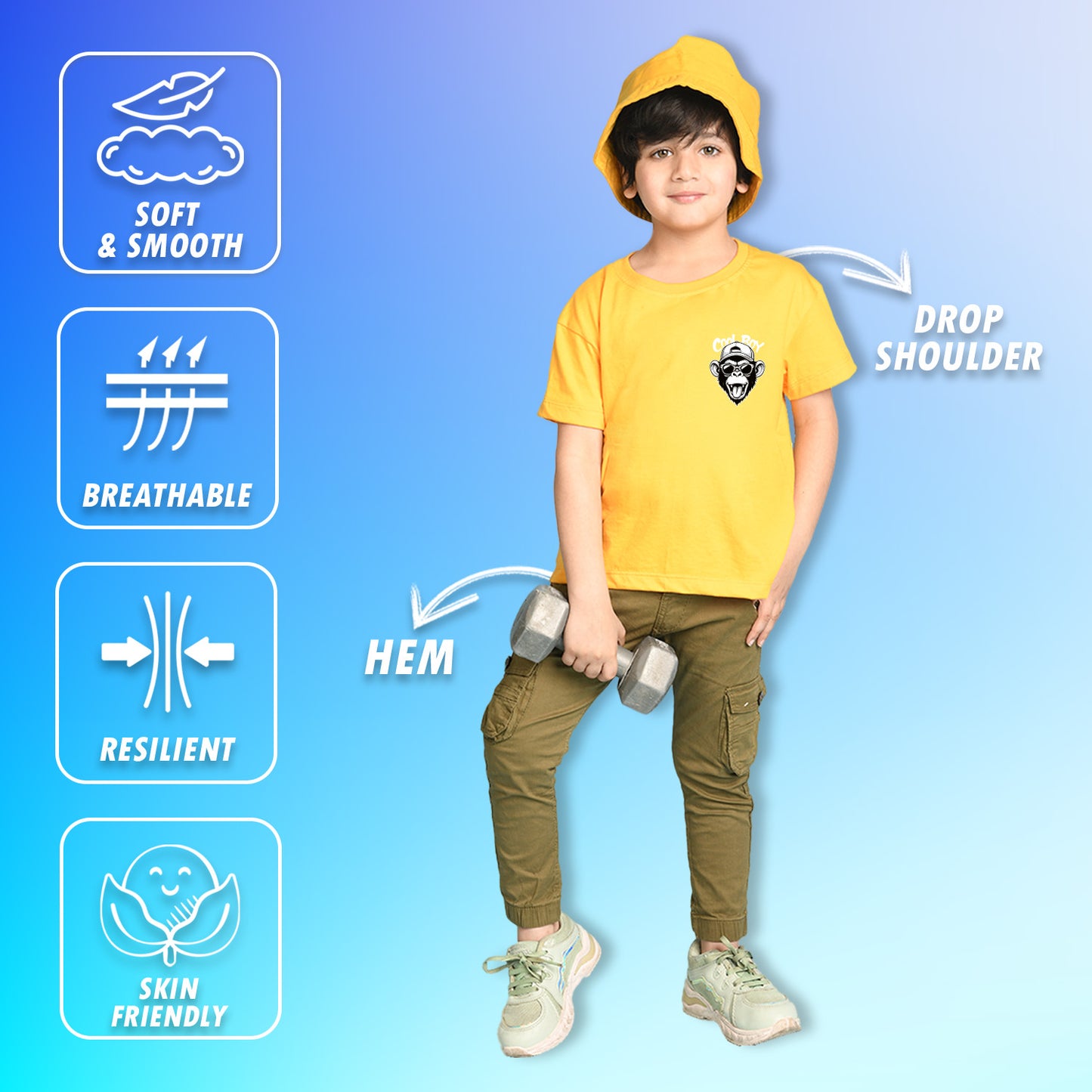 Nusyl Boys Yellow Monkey Printed Short sleeve Cotton Blend Oversized T-shirts