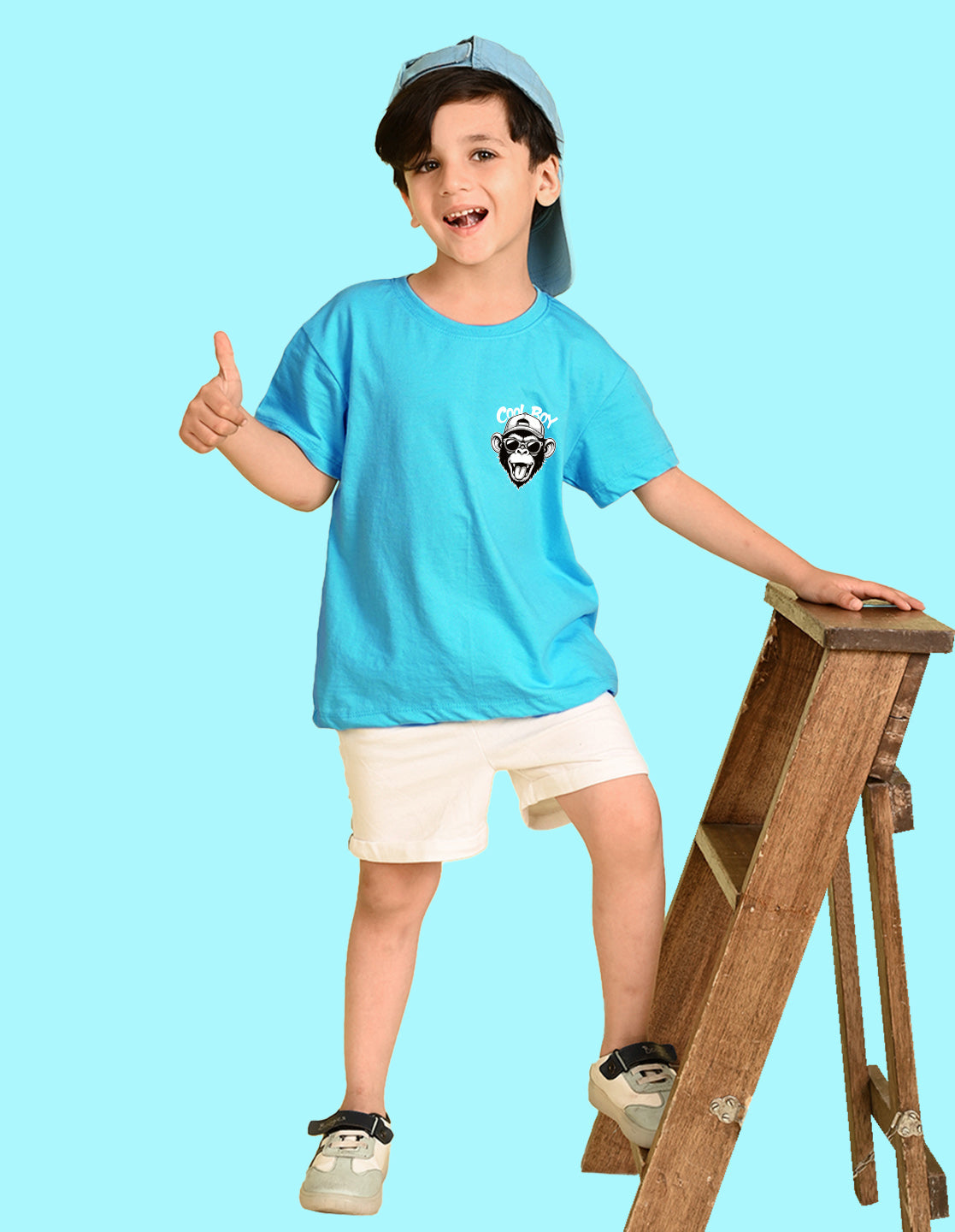 Nusyl Boys Sky Blue Monkey Printed Short sleeve Cotton Blend Oversized T-shirts