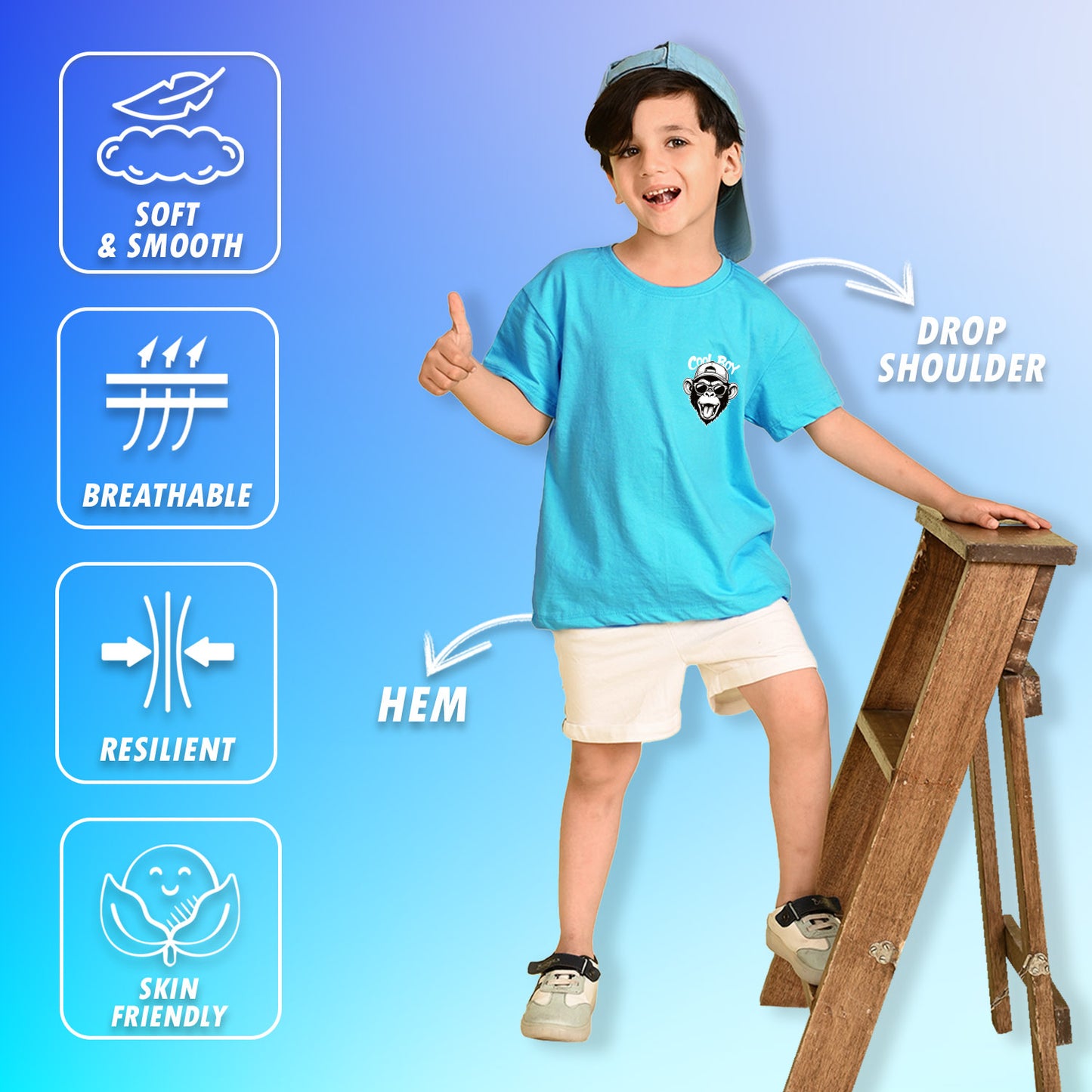 Nusyl Boys Sky Blue Monkey Printed Short sleeve Cotton Blend Oversized T-shirts