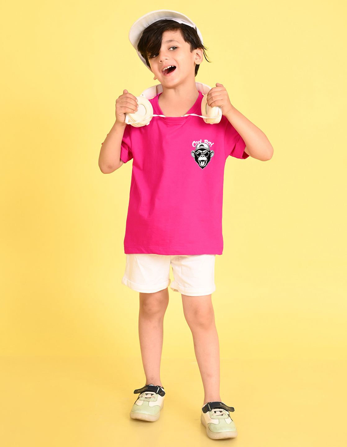 Nusyl Boys Hot Pink Monkey Printed Short sleeve Cotton Blend Oversized T-shirts