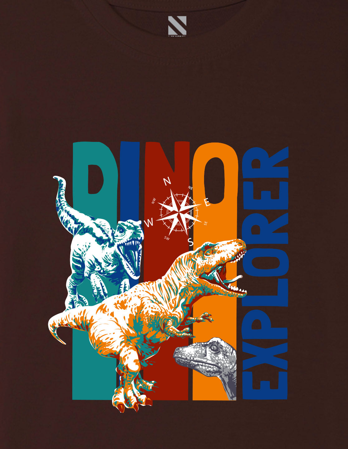 Nusyl Boys Brown Dinosaur & Text Printed Short sleeve Cotton Blend Oversized T-shirts