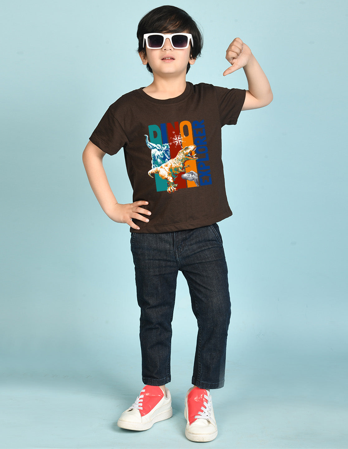 Nusyl Boys Brown Dinosaur & Text Printed Short sleeve Cotton Blend Oversized T-shirts