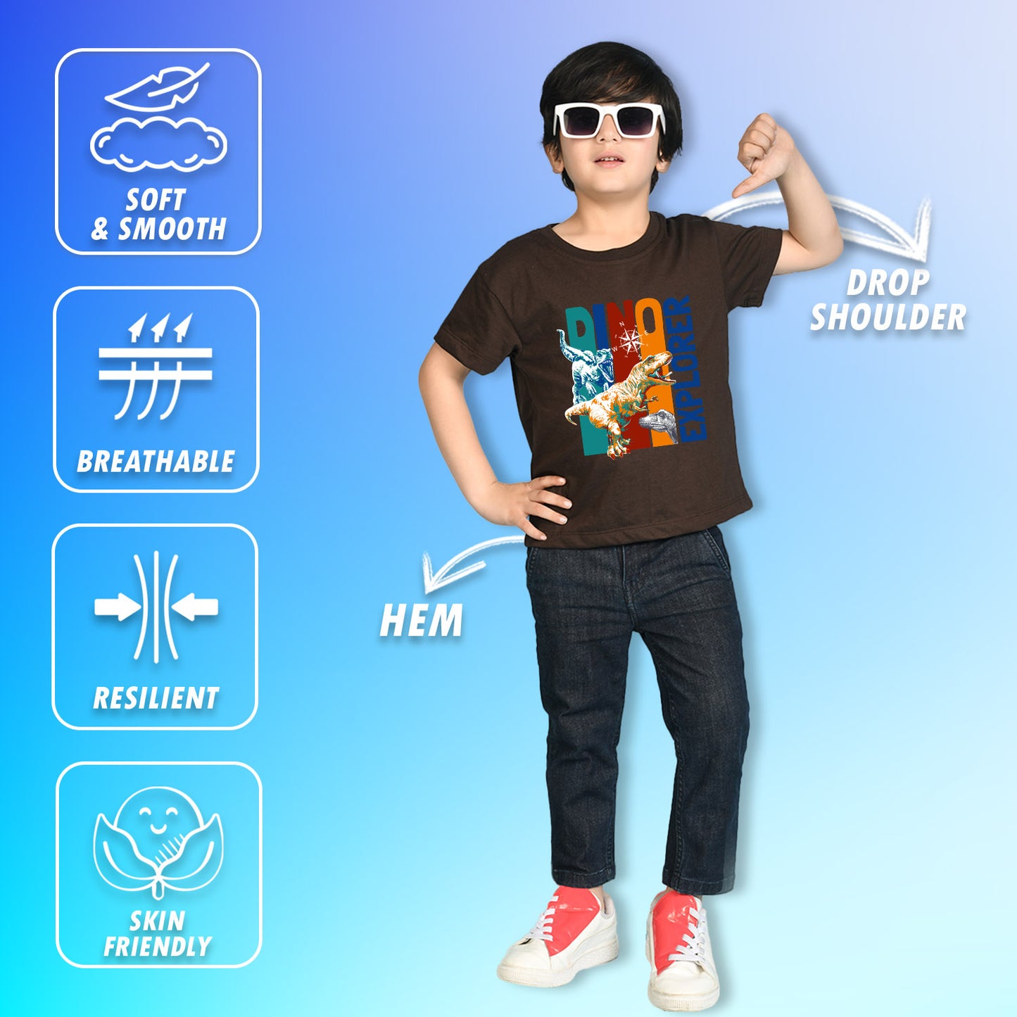 Nusyl Boys Brown Dinosaur & Text Printed Short sleeve Cotton Blend Oversized T-shirts
