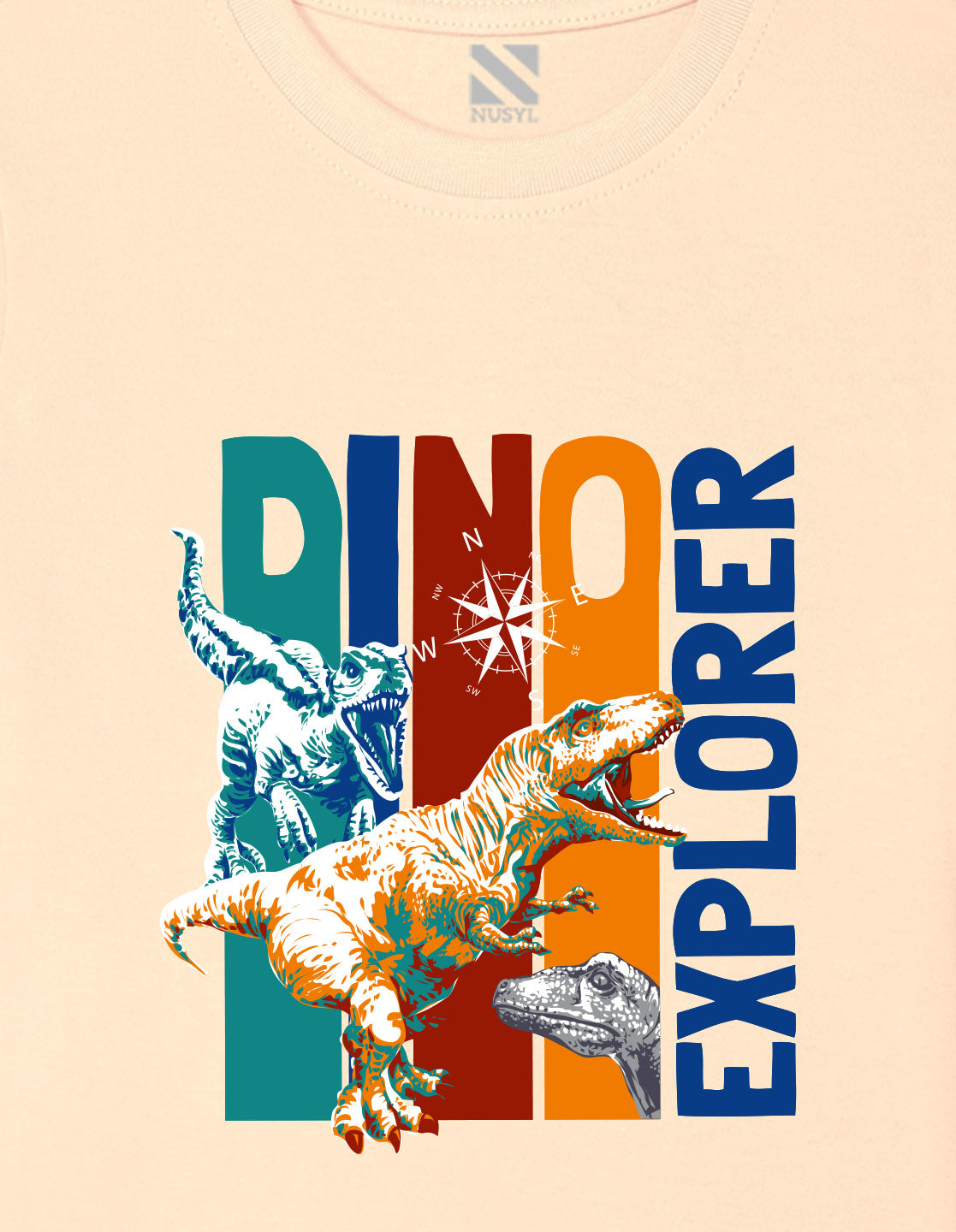 Nusyl Boys Beige Dinosaur & Text Printed Short sleeve Cotton Blend Oversized T-shirts