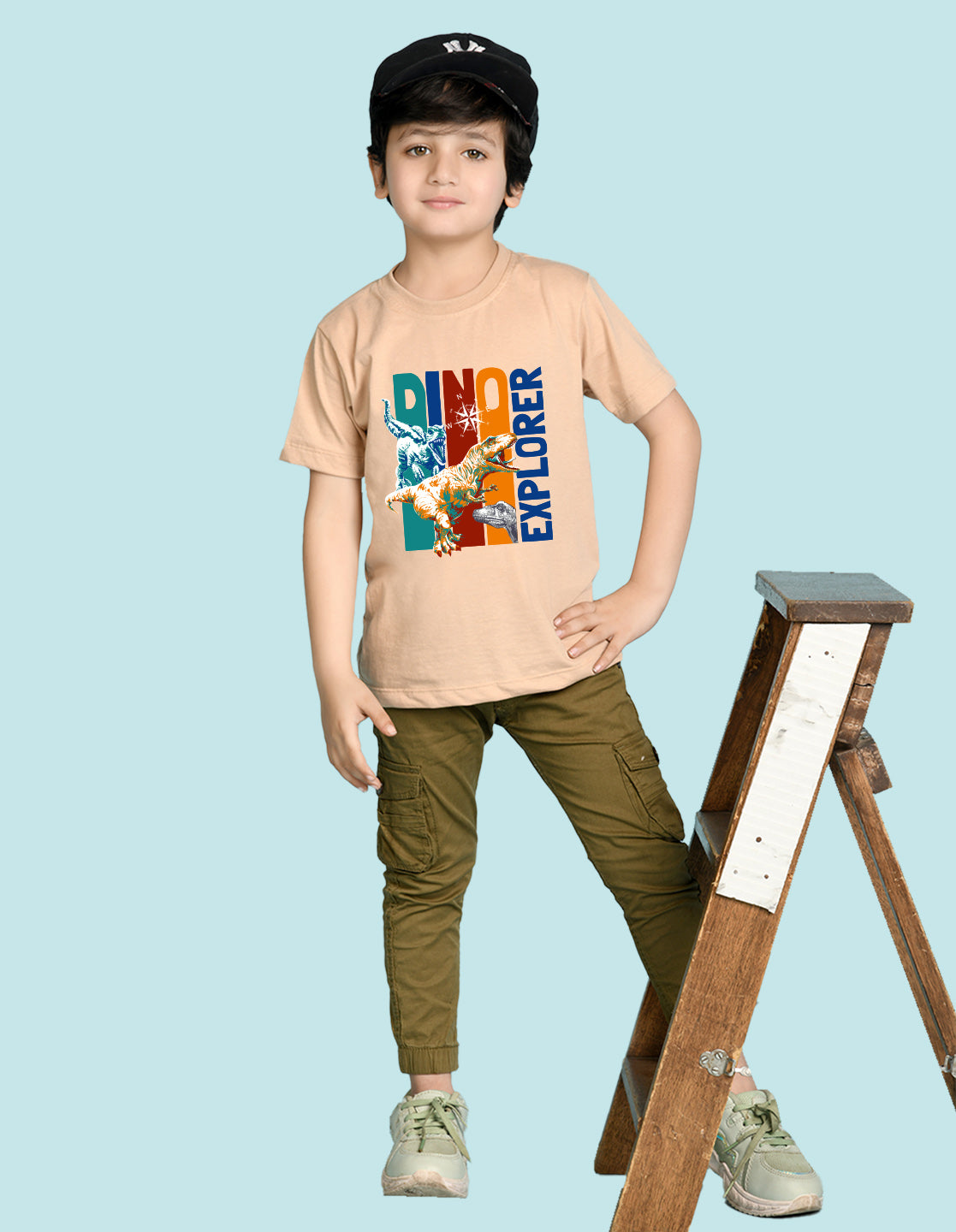 Nusyl Boys Beige Dinosaur & Text Printed Short sleeve Cotton Blend Oversized T-shirts