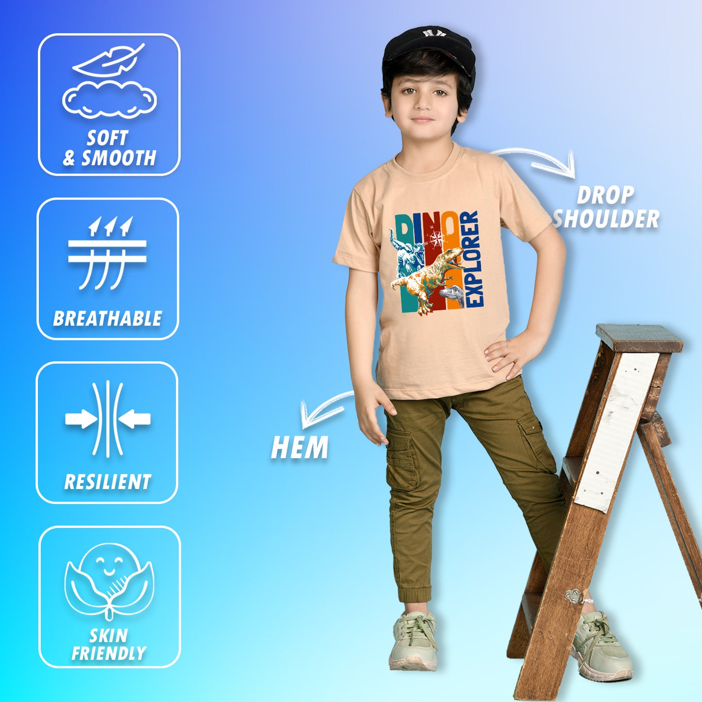 Nusyl Boys Beige Dinosaur & Text Printed Short sleeve Cotton Blend Oversized T-shirts