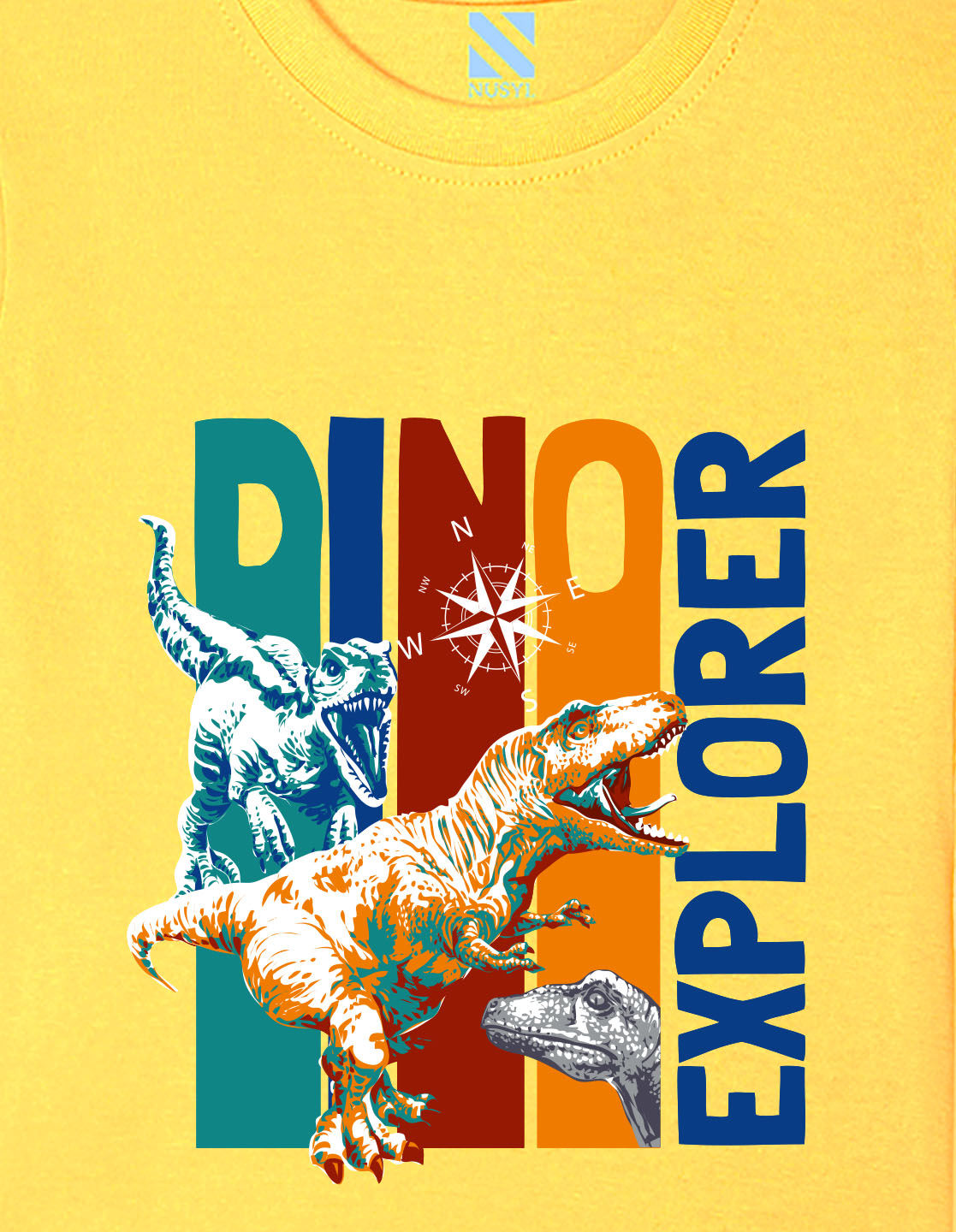 Nusyl Boys Yellow Dinosaur & Text Printed Short sleeve Cotton Blend Oversized T-shirts