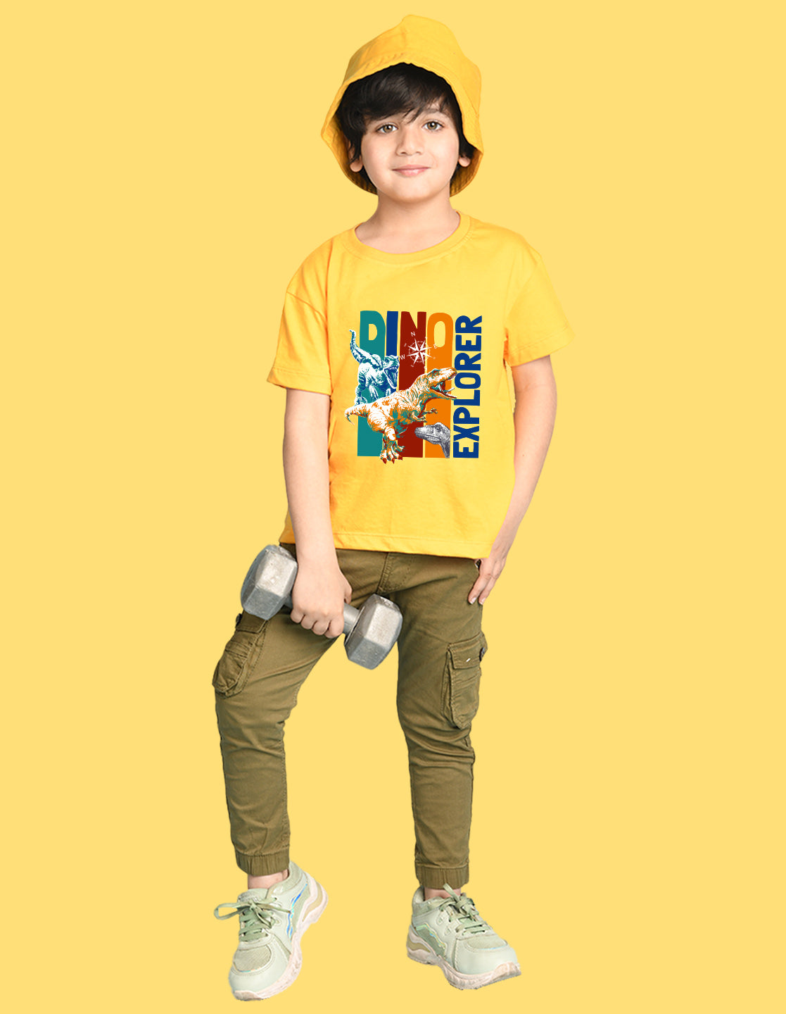 Nusyl Boys Yellow Dinosaur & Text Printed Short sleeve Cotton Blend Oversized T-shirts