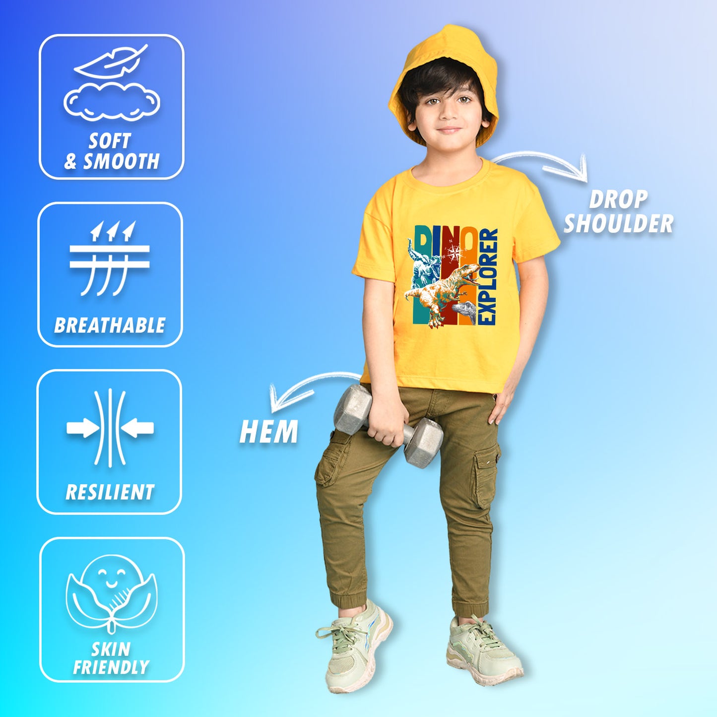 Nusyl Boys Yellow Dinosaur & Text Printed Short sleeve Cotton Blend Oversized T-shirts