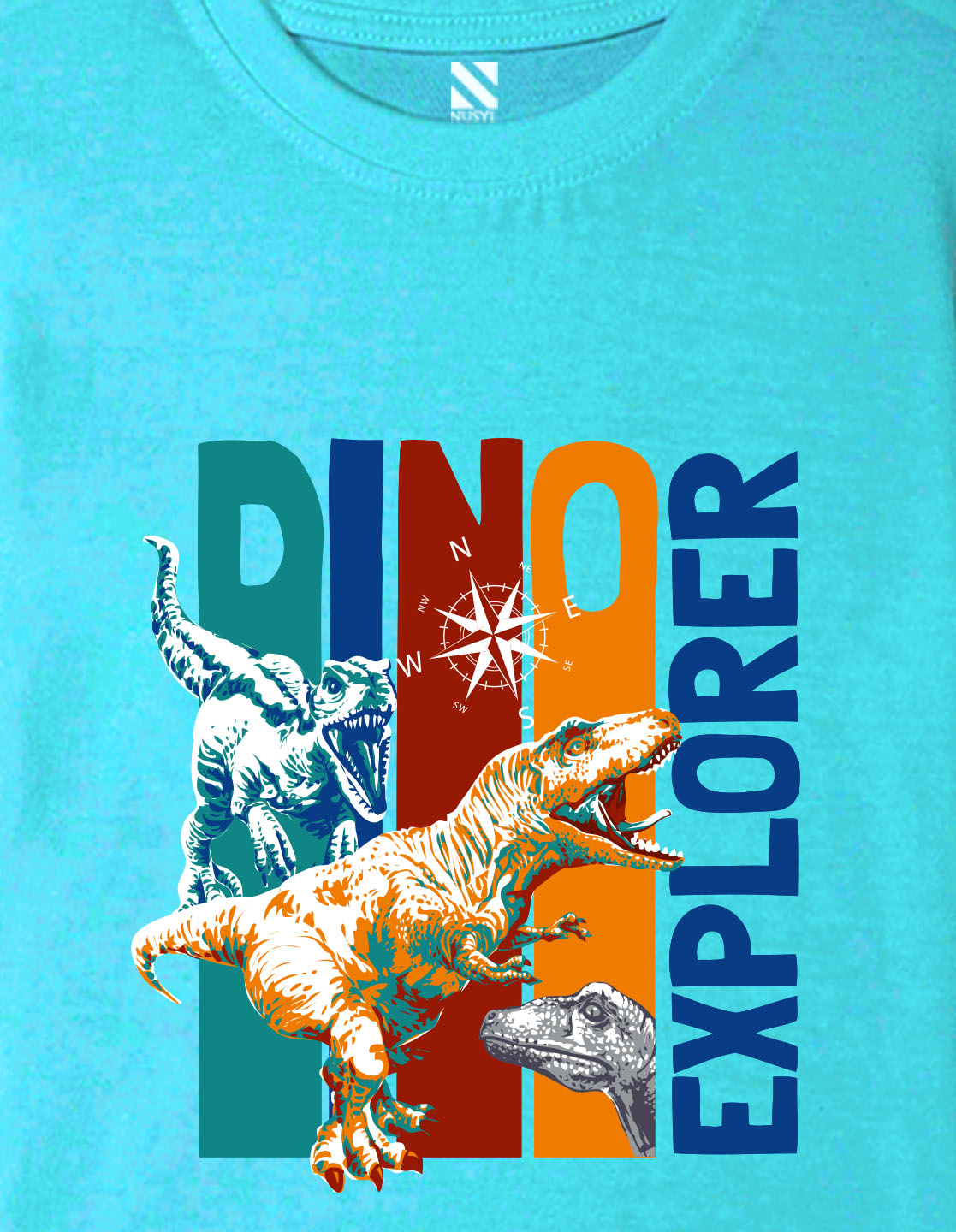 Nusyl Boys Sky Blue Dinosaur & Text Printed Short sleeve Cotton Blend Oversized T-shirts