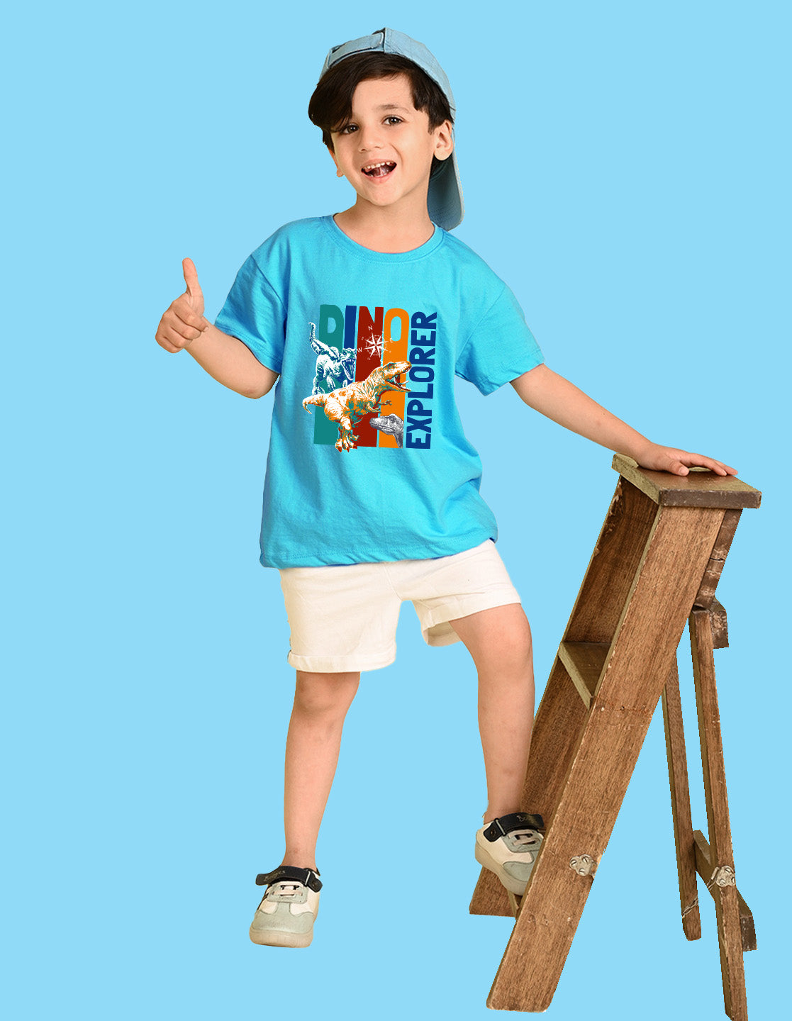Nusyl Boys Sky Blue Dinosaur & Text Printed Short sleeve Cotton Blend Oversized T-shirts