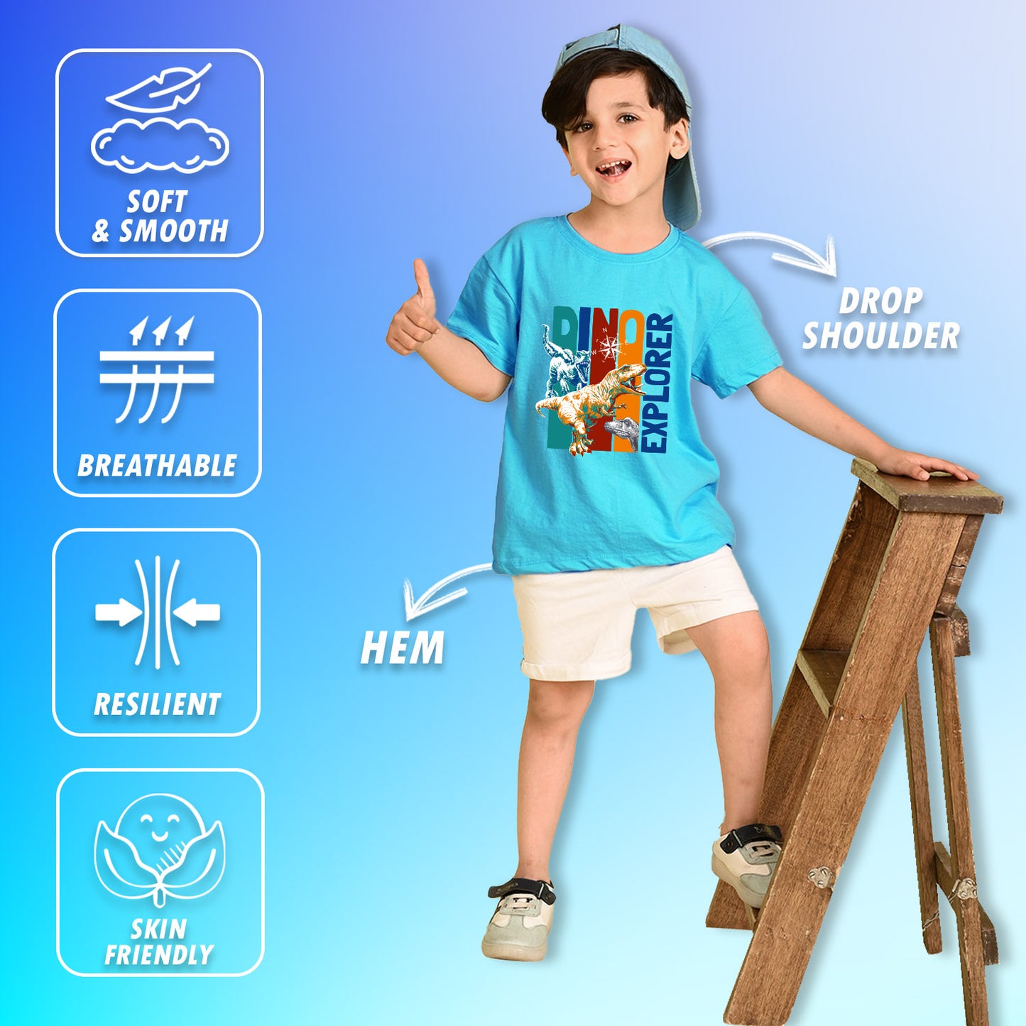 Nusyl Boys Sky Blue Dinosaur & Text Printed Short sleeve Cotton Blend Oversized T-shirts