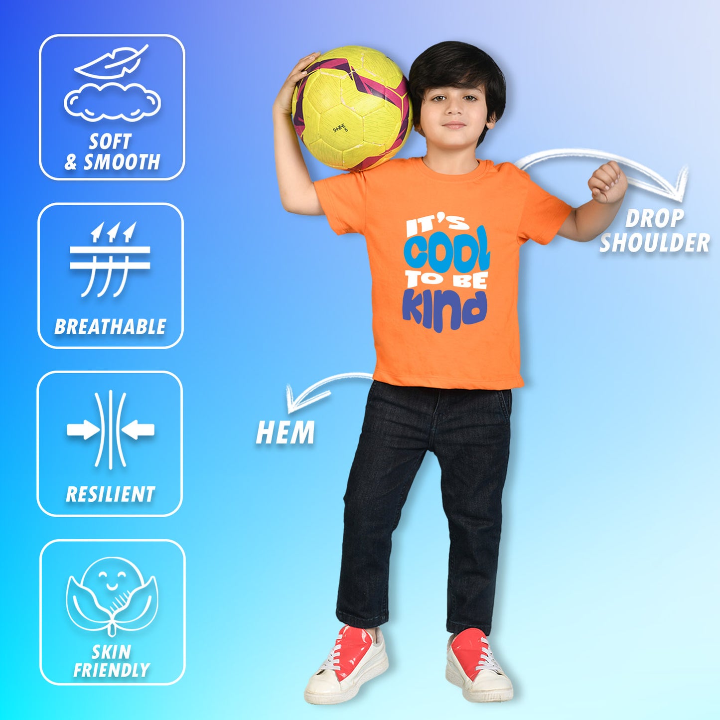 Nusyl Boys Orange It's Cool To Be Kind Text Printed Short sleeve Cotton Blend Oversized T-shirts