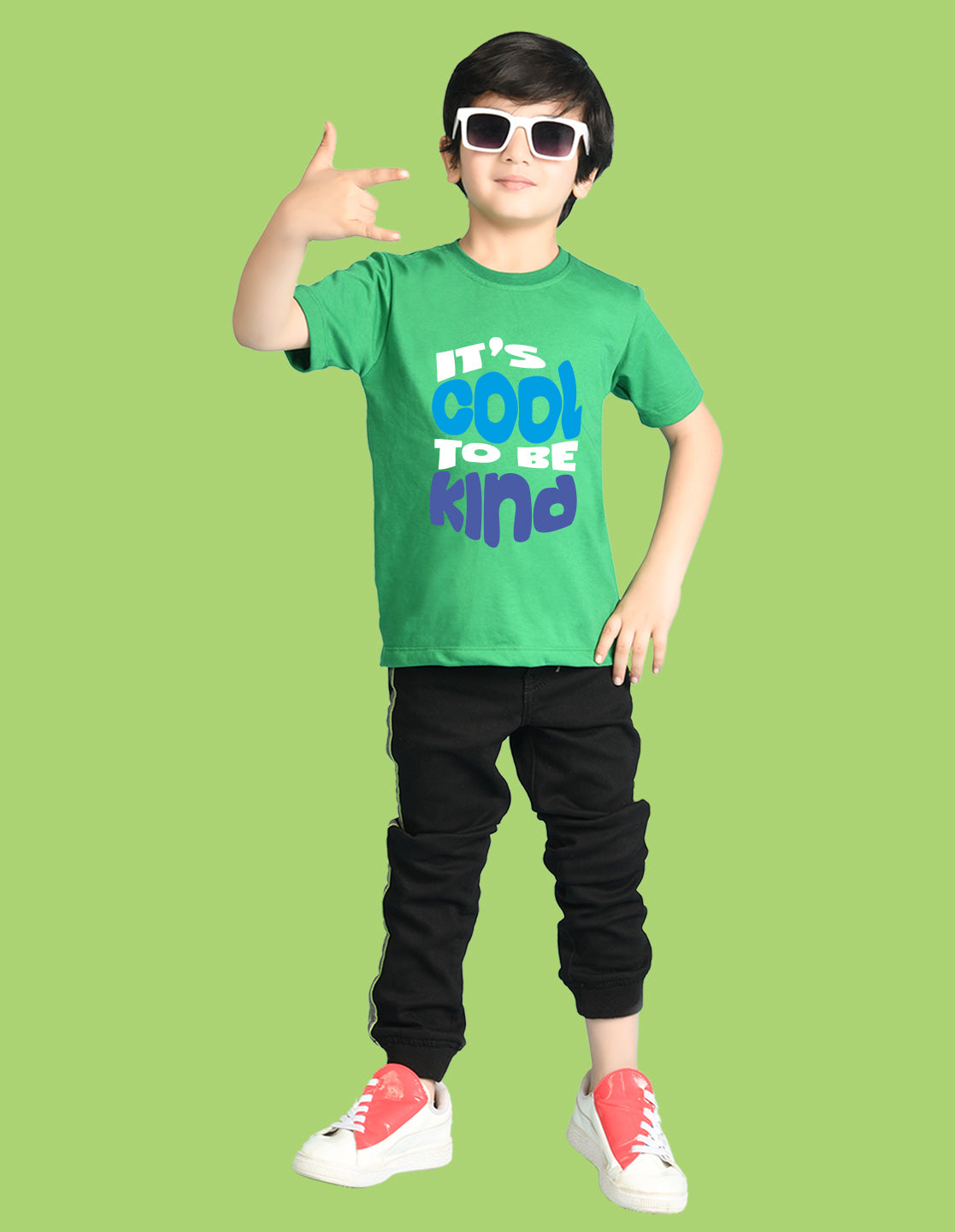 Nusyl Boys Green It's Cool To Be Kind Text Printed Short sleeve Cotton Blend Oversized T-shirts