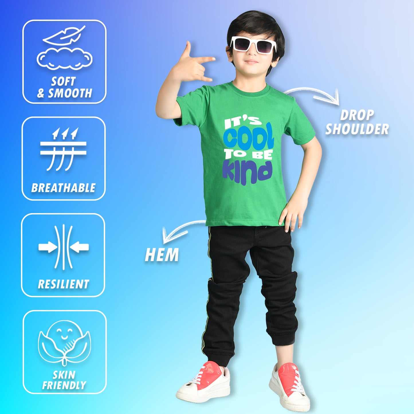 Nusyl Boys Green It's Cool To Be Kind Text Printed Short sleeve Cotton Blend Oversized T-shirts