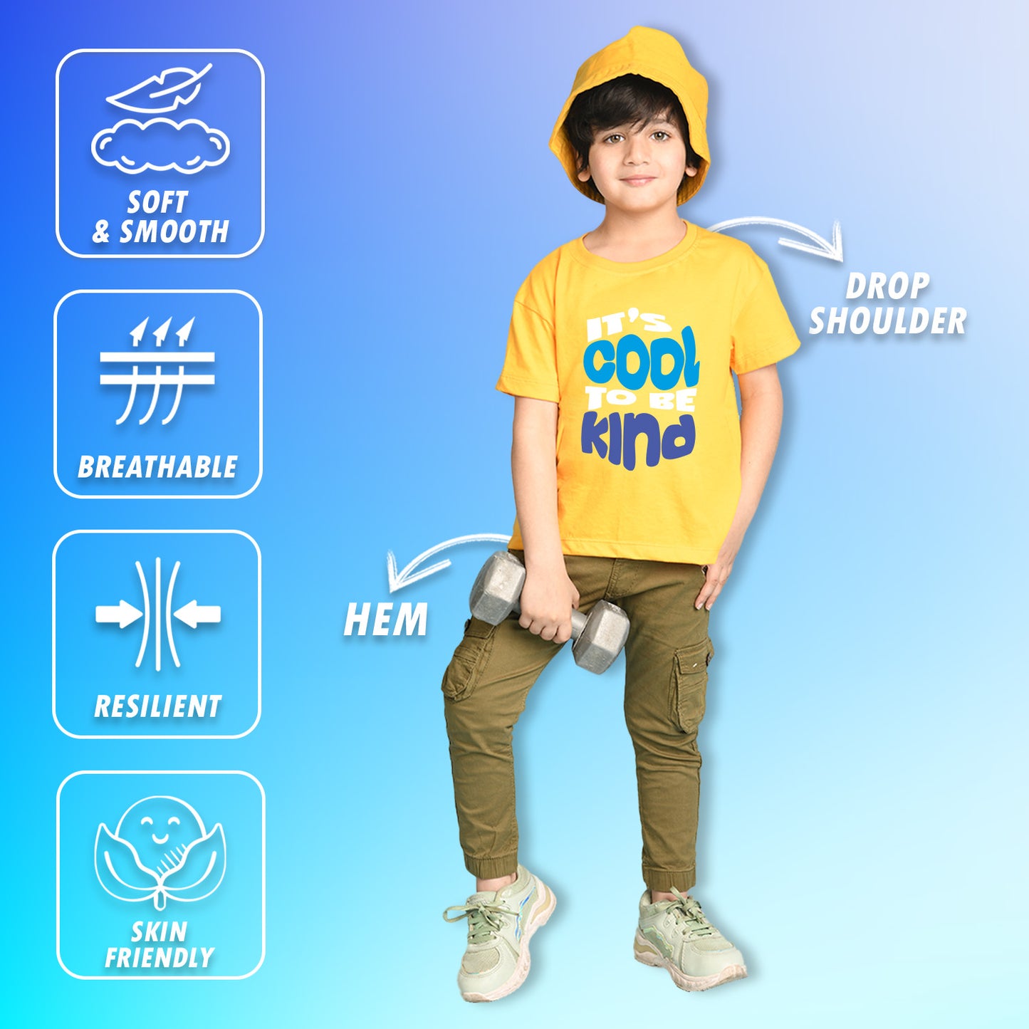 Nusyl Boys Yellow It's Cool To Be Kind Text Printed Short sleeve Cotton Blend Oversized T-shirts