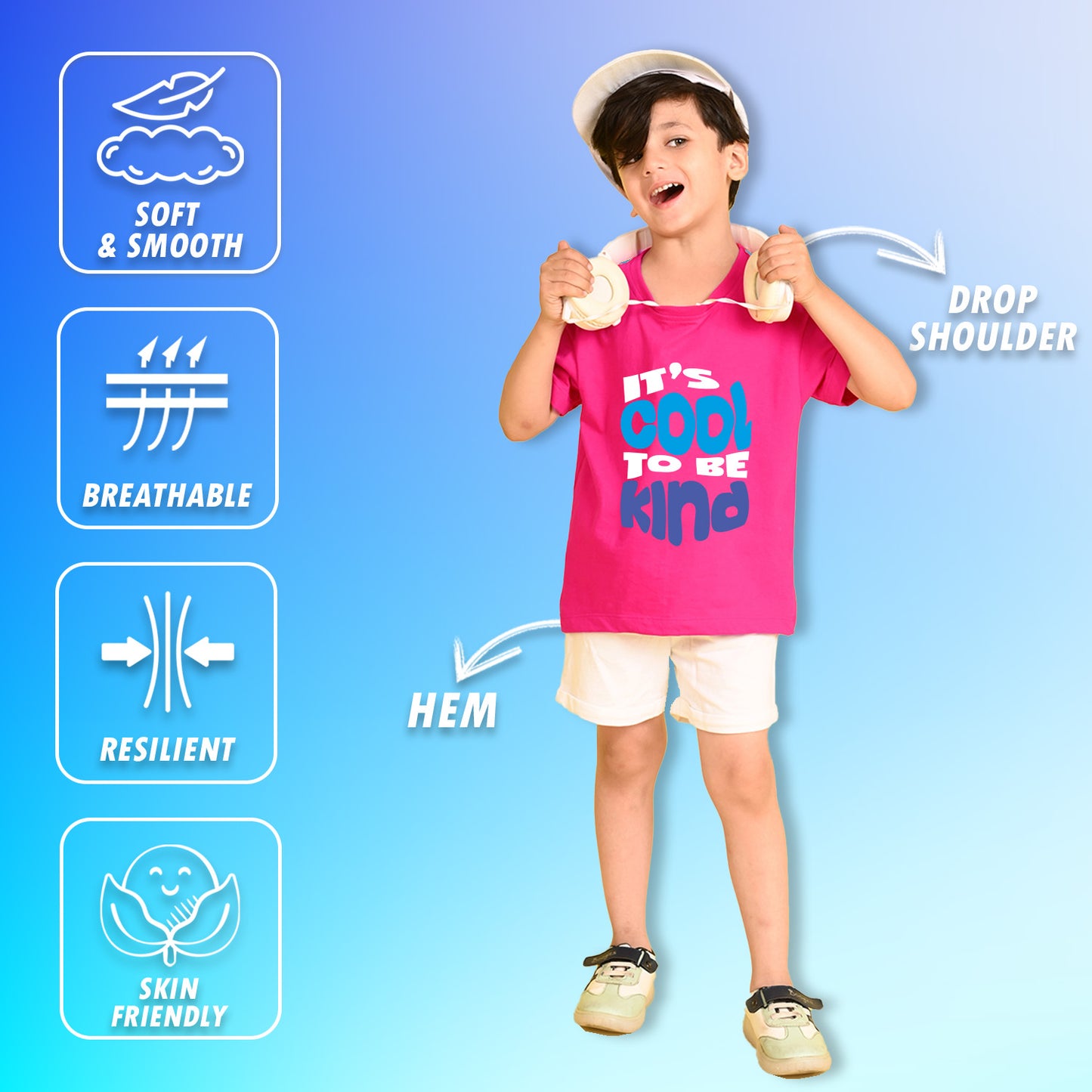 Nusyl Boys Hot Pink It's Cool To Be Kind Text Printed Short sleeve Cotton Blend Oversized T-shirts