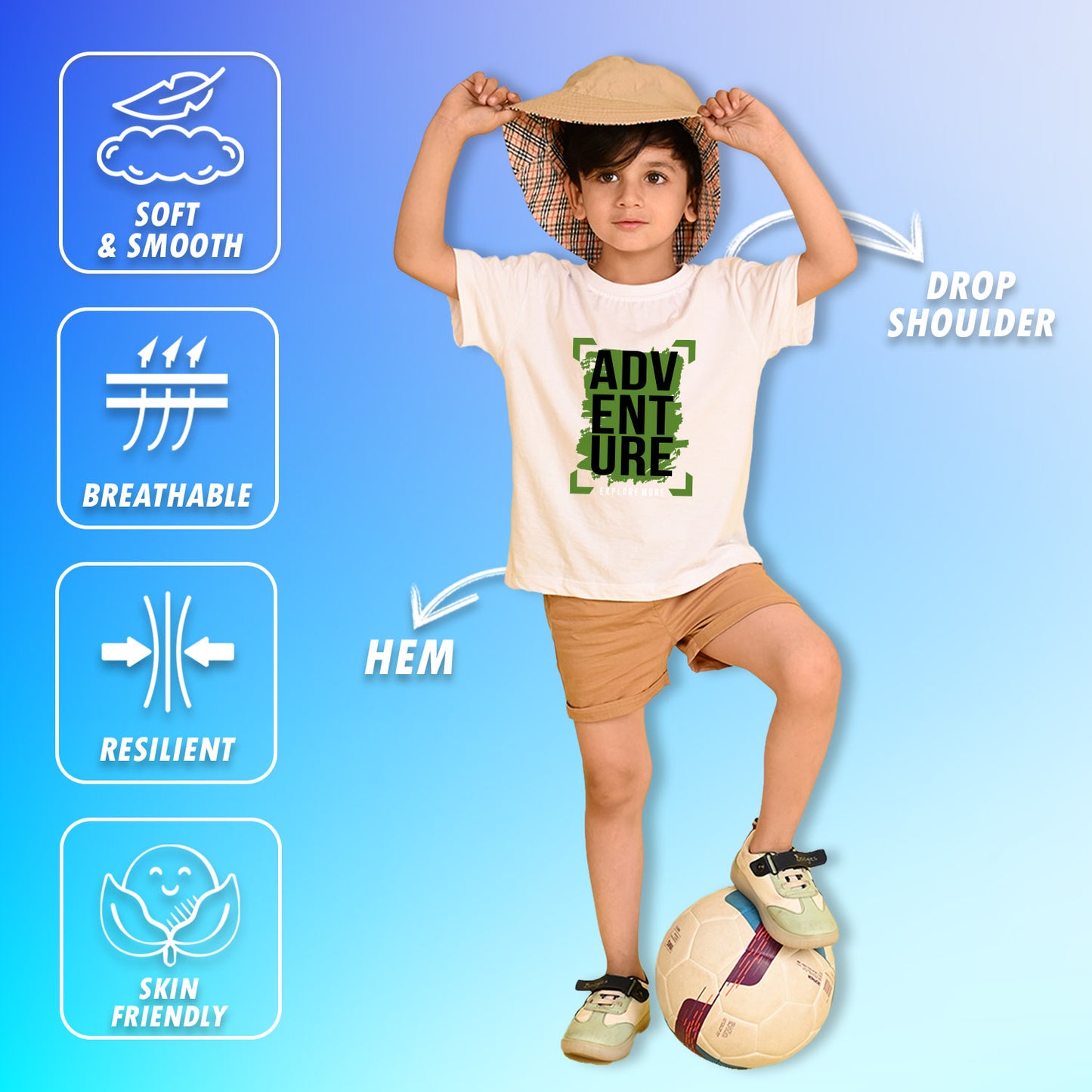 Nusyl Boys White Adventure Text Printed Short sleeve Cotton Blend Oversized T-shirts