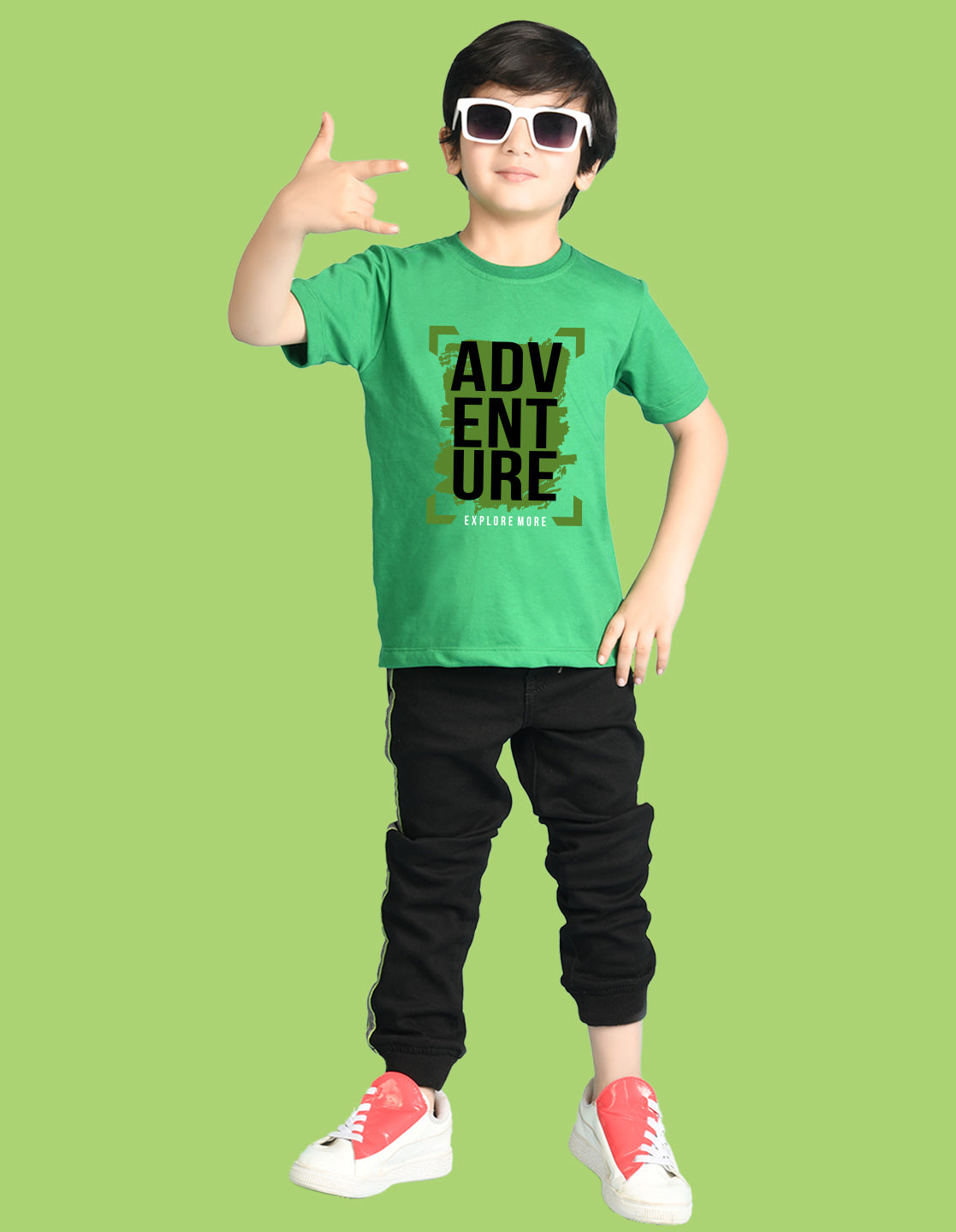 Nusyl Boys Green Adventure Text Printed Short sleeve Cotton Blend Oversized T-shirts