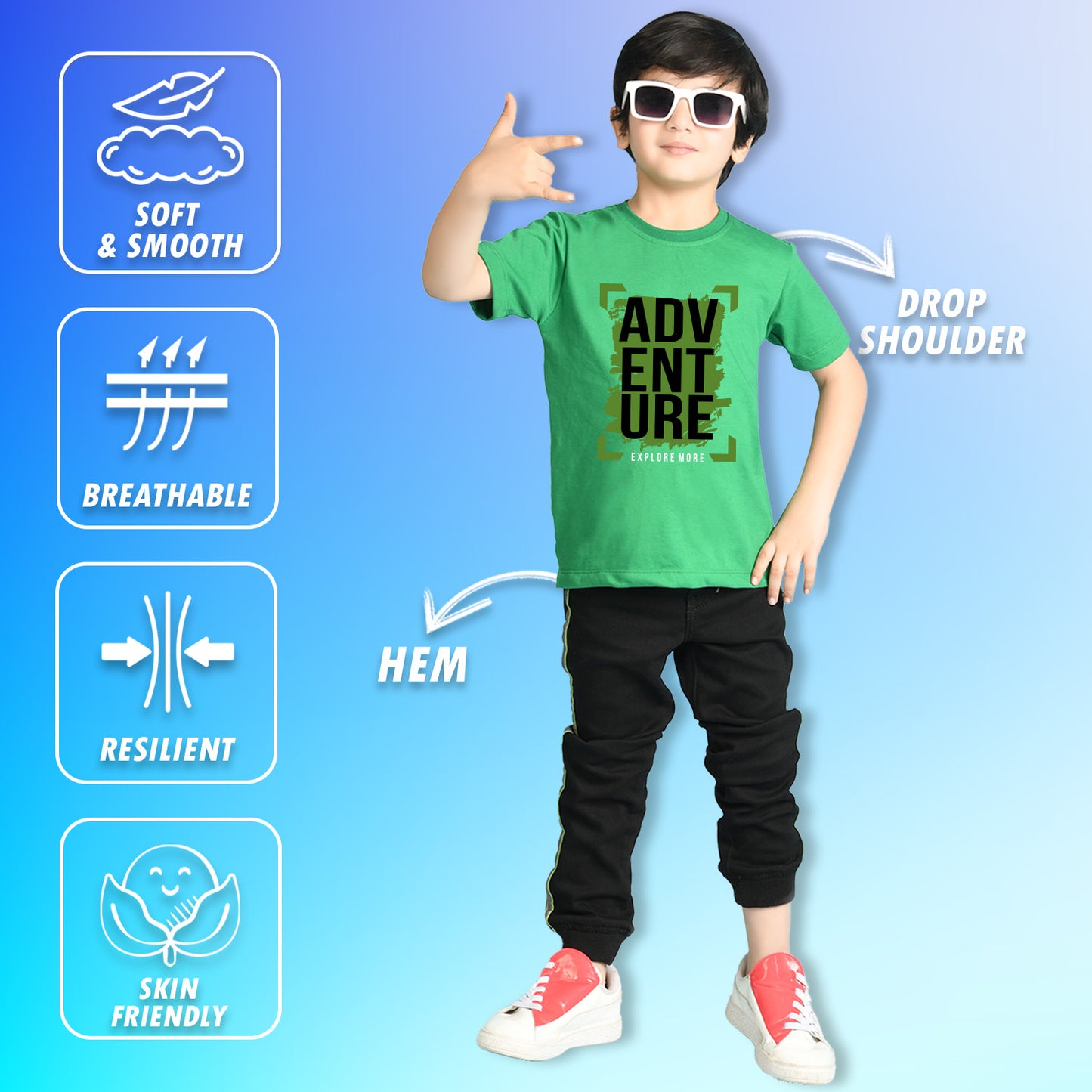 Nusyl Boys Green Adventure Text Printed Short sleeve Cotton Blend Oversized T-shirts