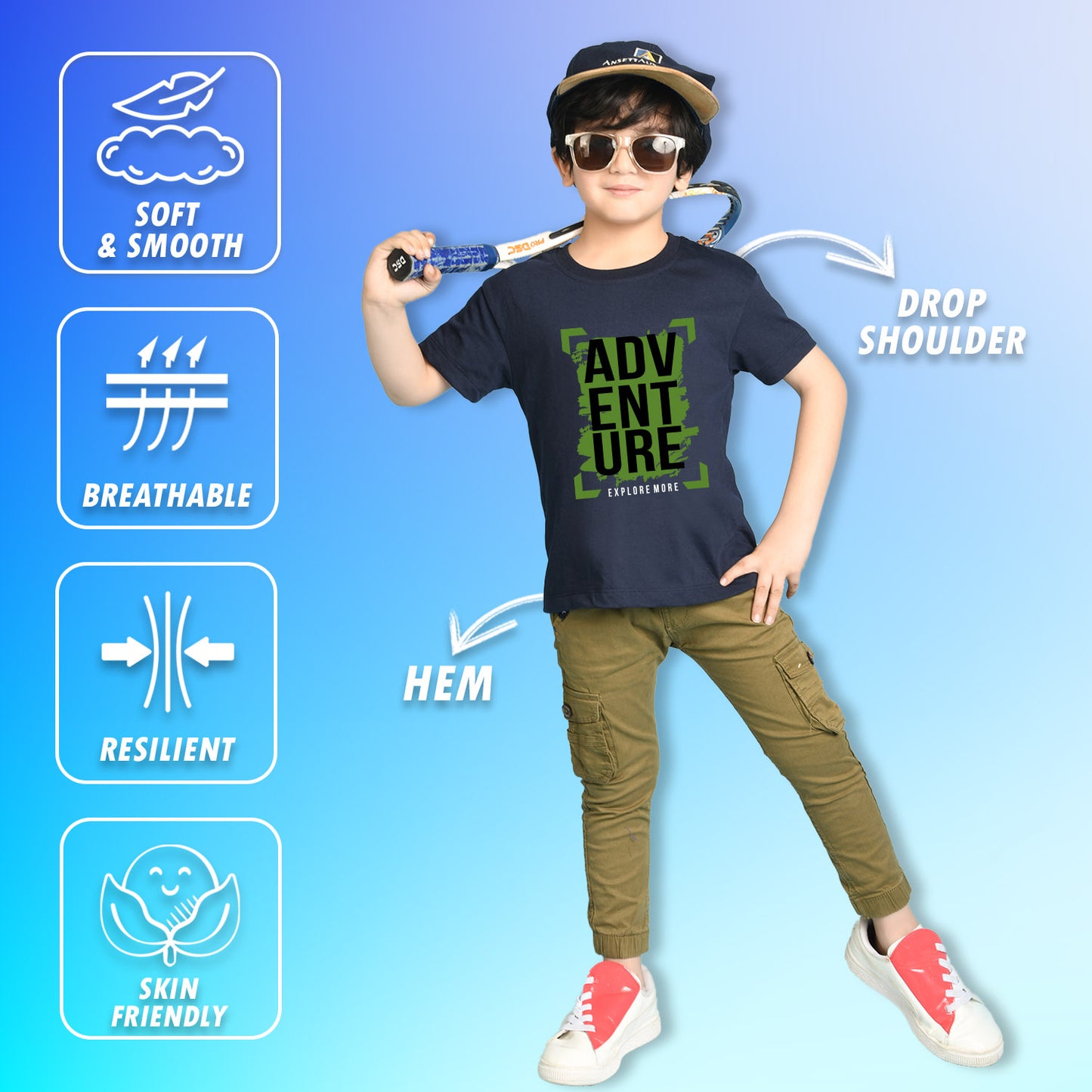 Nusyl Boys Navy Blue Adventure Text Printed Short sleeve Cotton Blend Oversized T-shirts