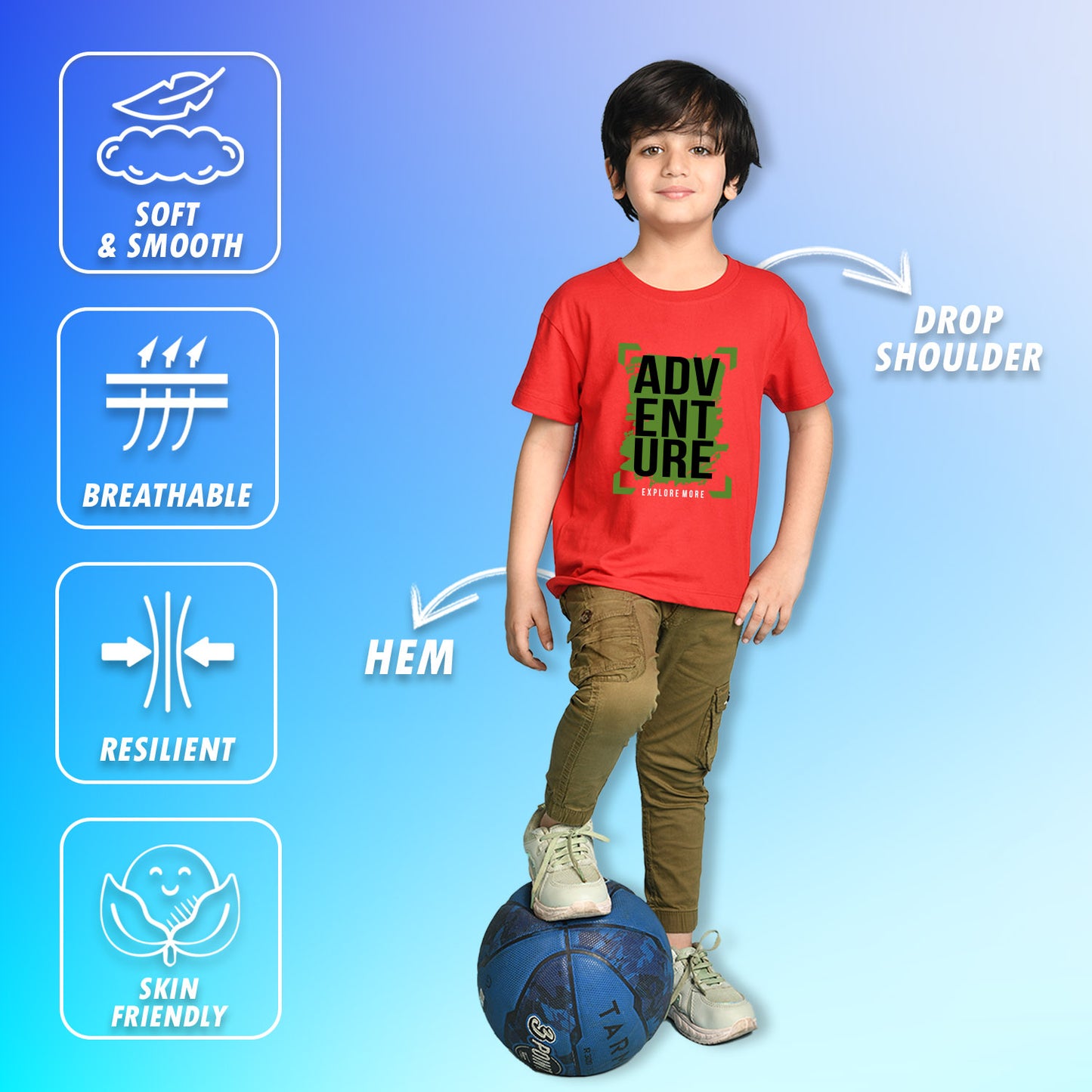 Nusyl Boys Red Adventure Text Printed Short sleeve Cotton Blend Oversized T-shirts