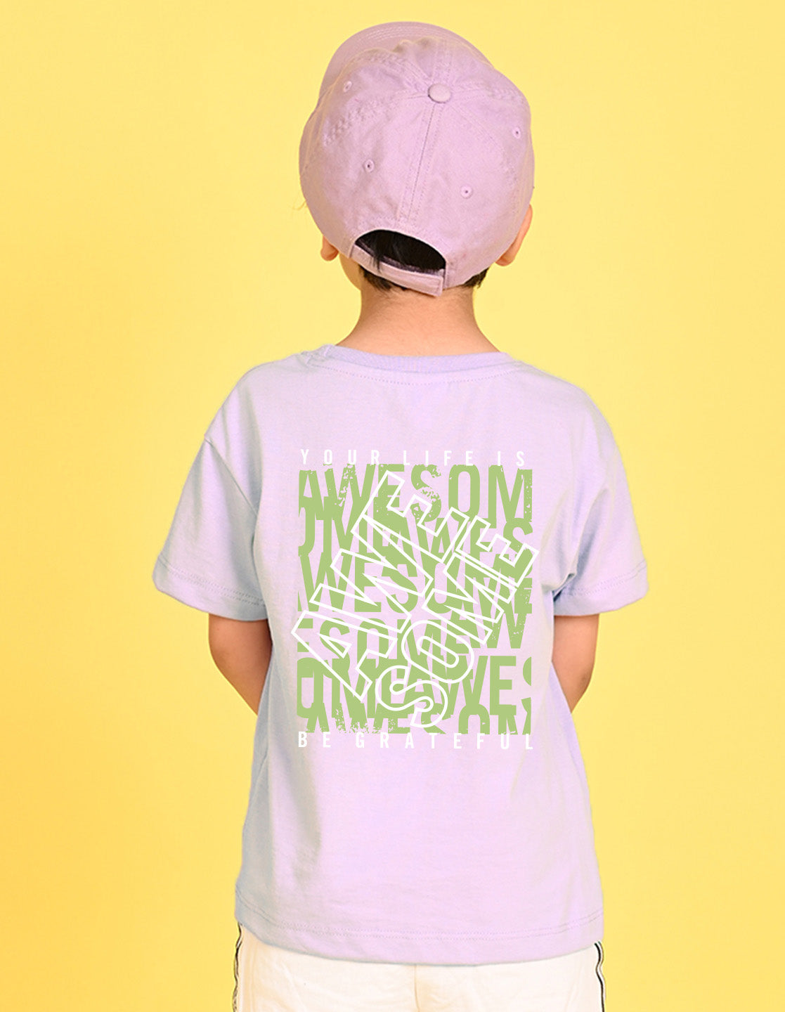 Nusyl Boys Lilac Your Life is Awesome Text Printed Short sleeve Cotton Blend Oversized T-shirts