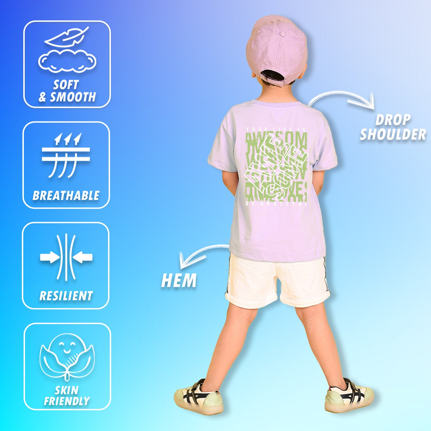 Nusyl Boys Lilac Your Life is Awesome Text Printed Short sleeve Cotton Blend Oversized T-shirts