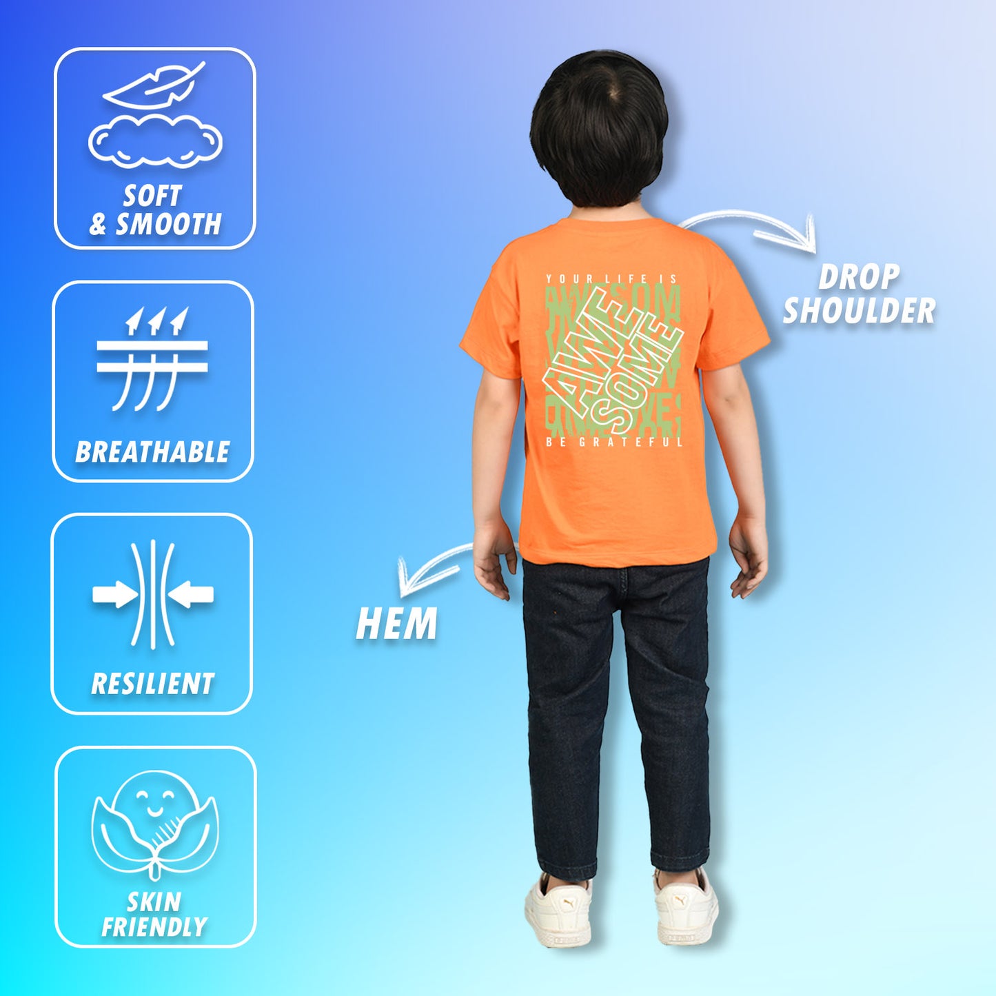 Nusyl Boys Orange Your Life is Awesome Text Printed Short sleeve Cotton Blend Oversized T-shirts
