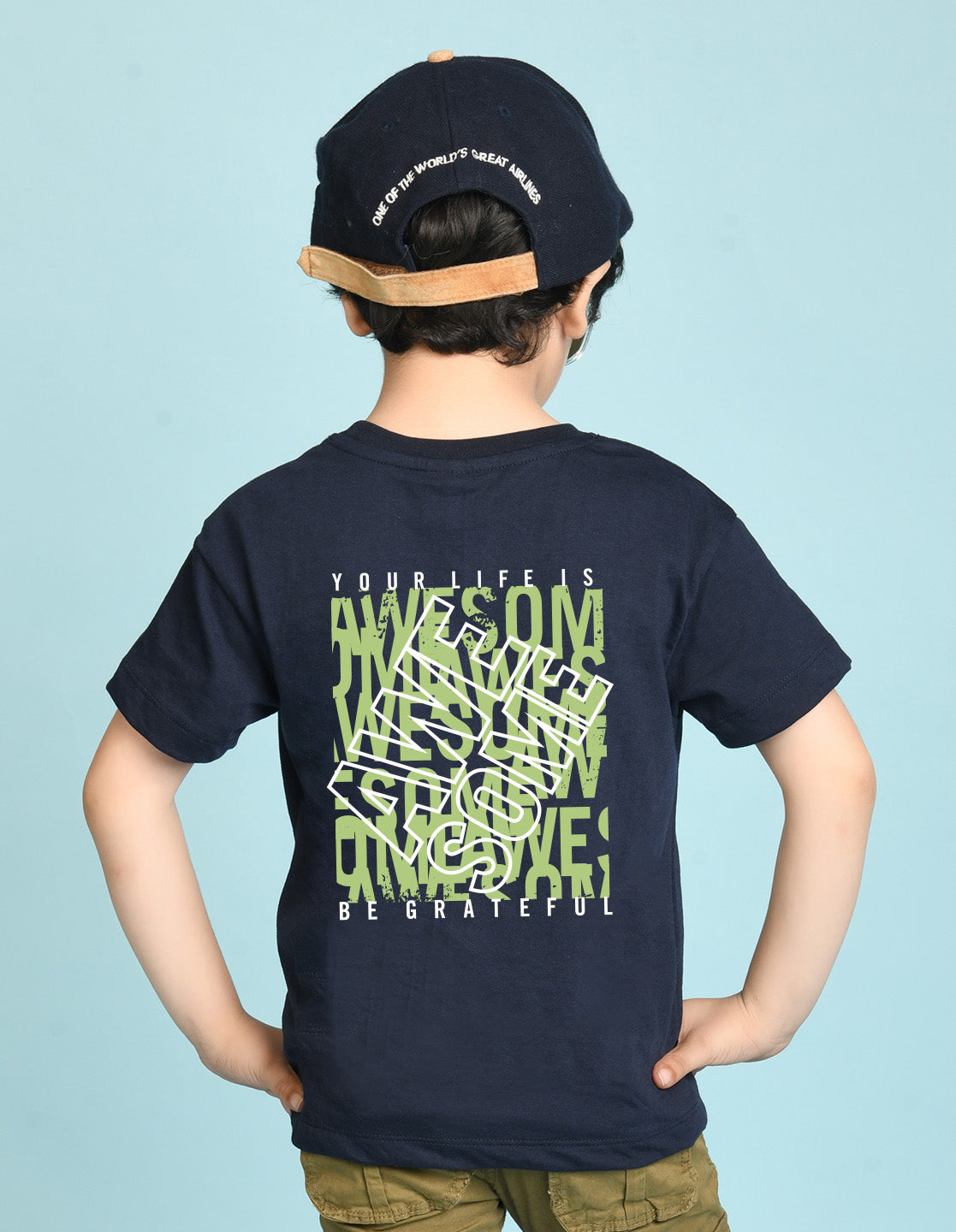 Nusyl Boys Navy Blue Life is Awesome Text Printed Short sleeve Cotton Blend Oversized T-shirts