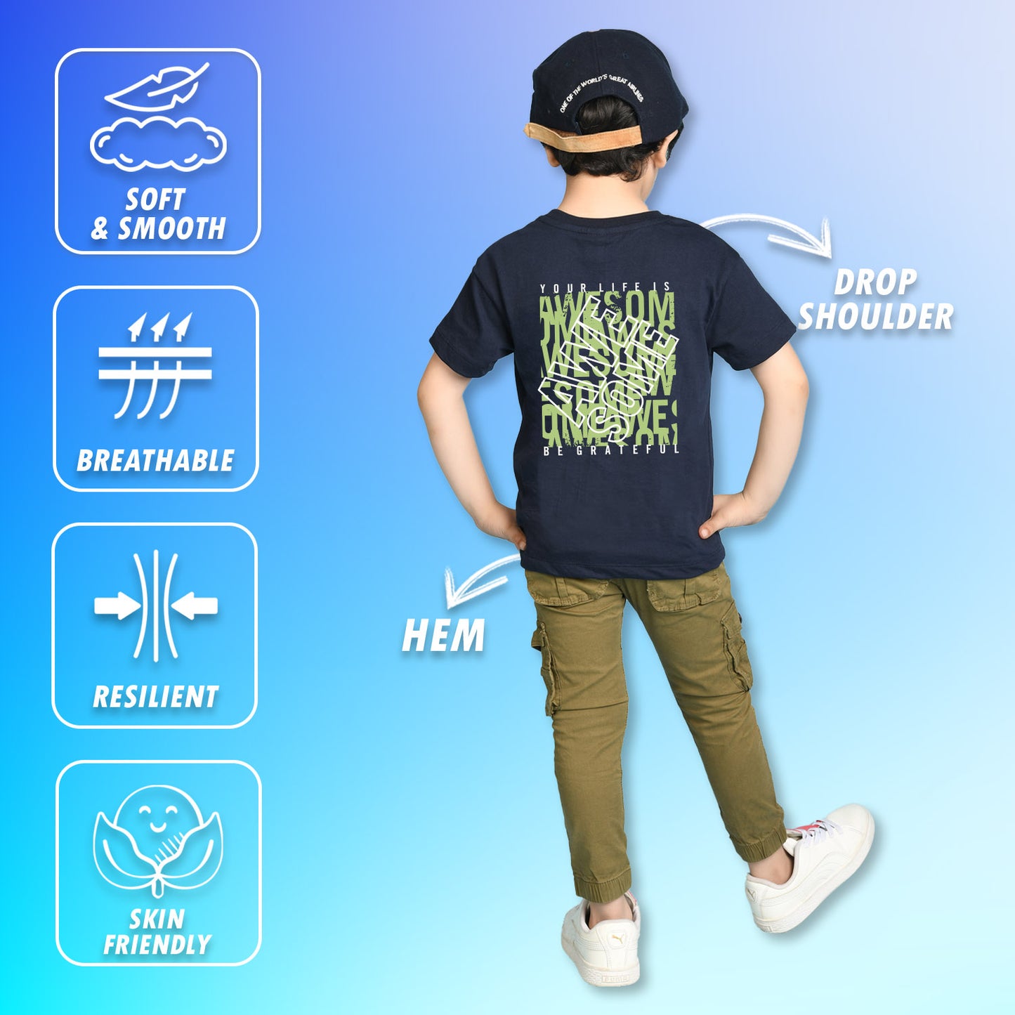 Nusyl Boys Navy Blue Life is Awesome Text Printed Short sleeve Cotton Blend Oversized T-shirts