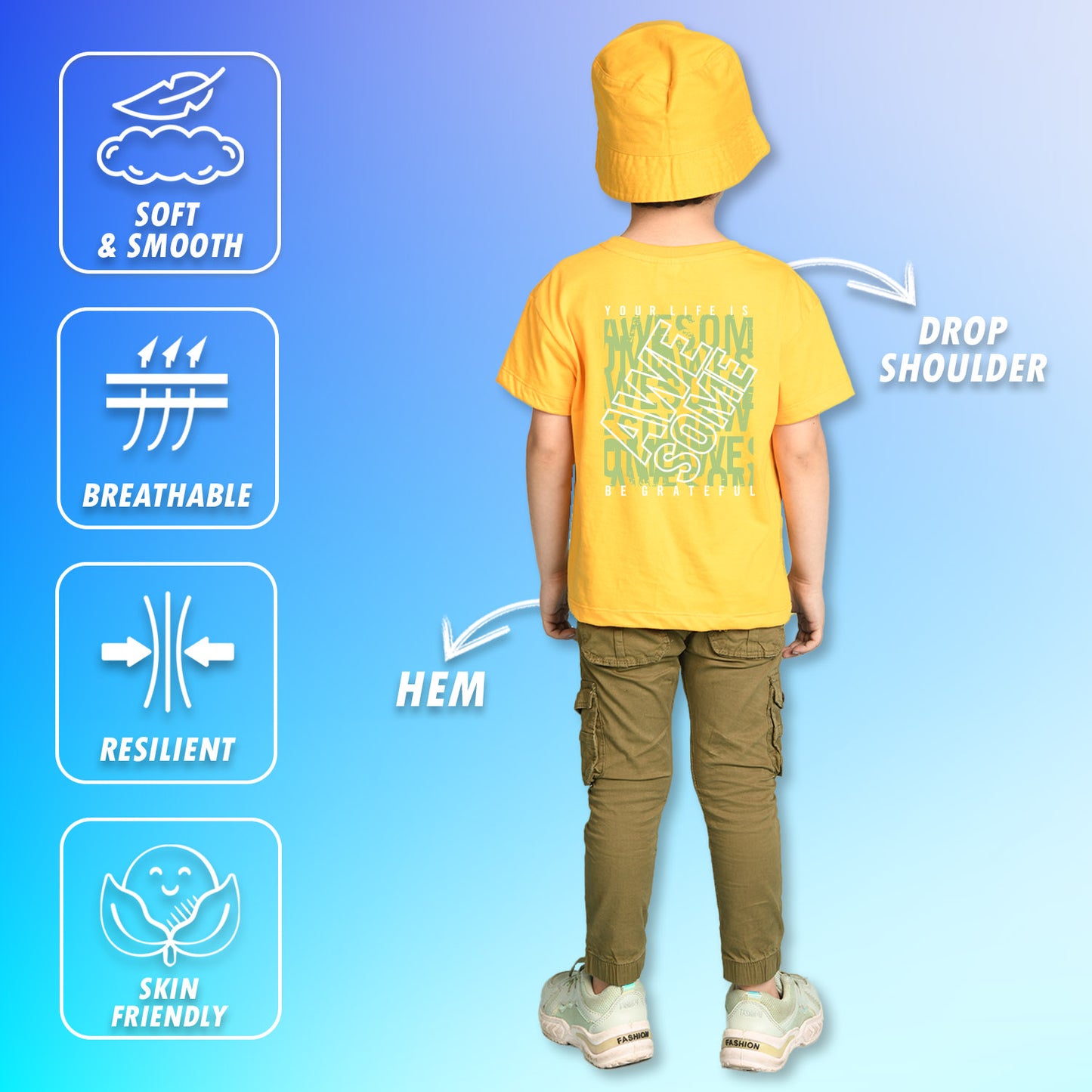 Nusyl Boys Yellow Your Life is Awesome Text Printed Short sleeve Cotton Blend Oversized T-shirts