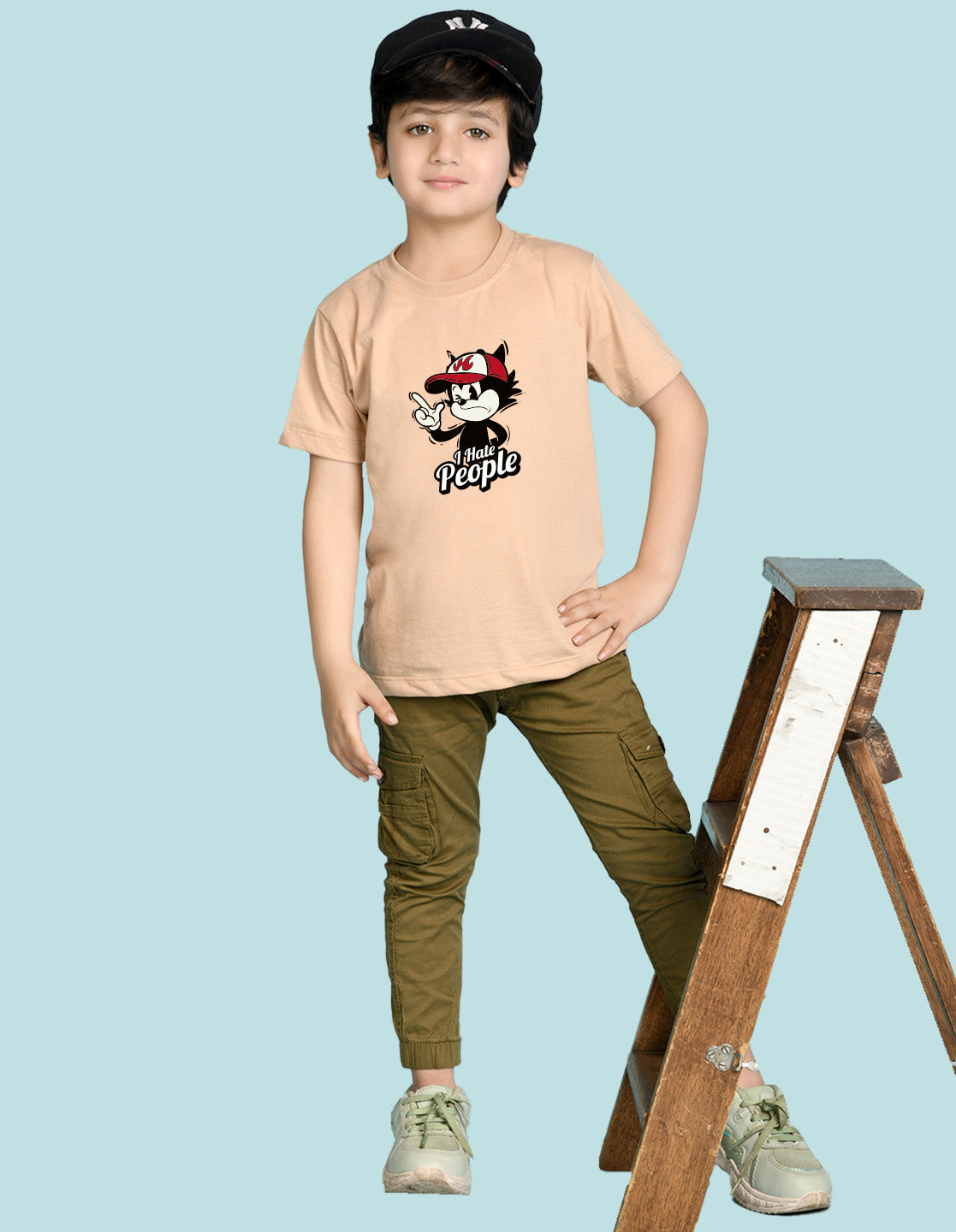 Nusyl Boys Beige i Hate People Text Printed Short sleeve Cotton Blend Oversized T-shirts