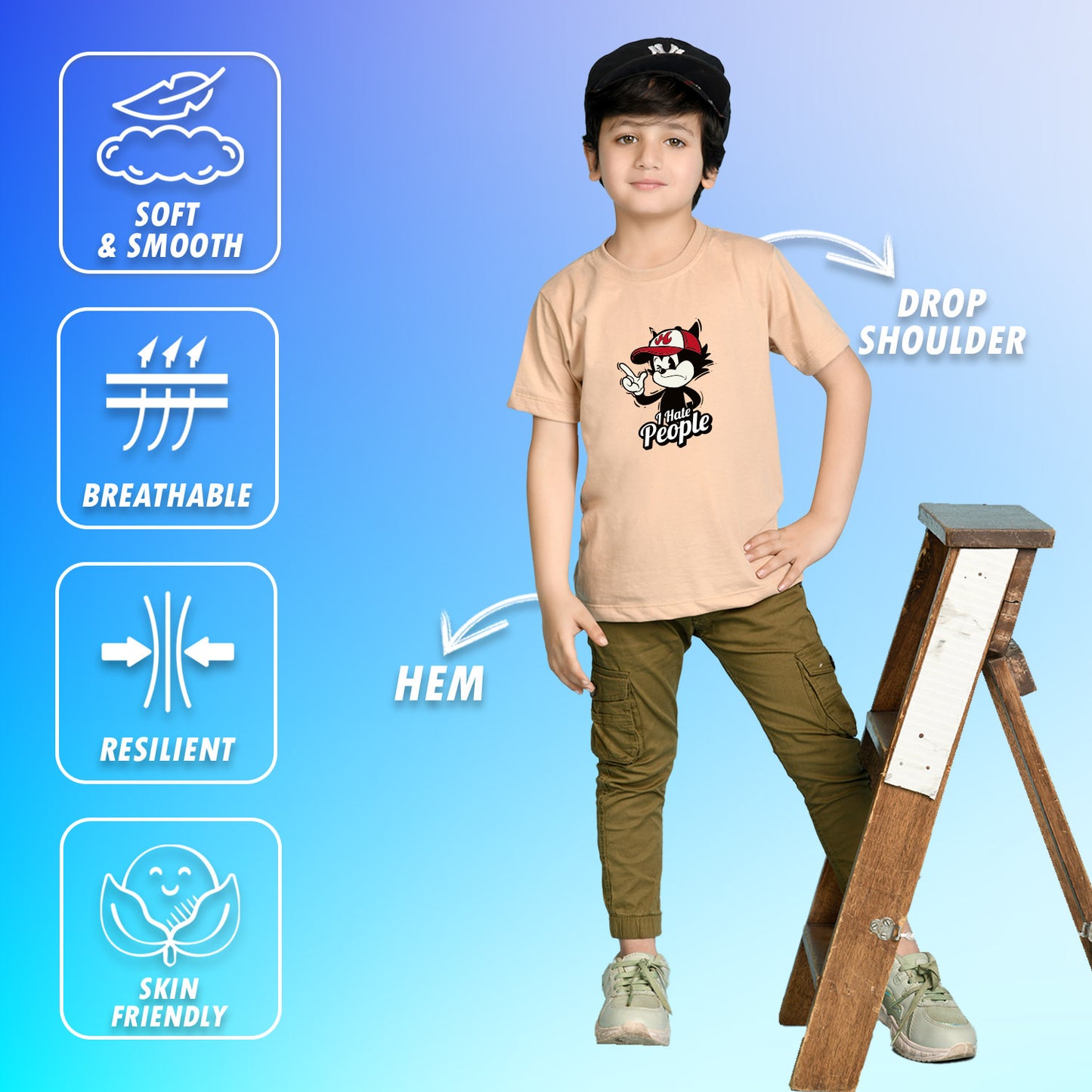 Nusyl Boys Beige i Hate People Text Printed Short sleeve Cotton Blend Oversized T-shirts