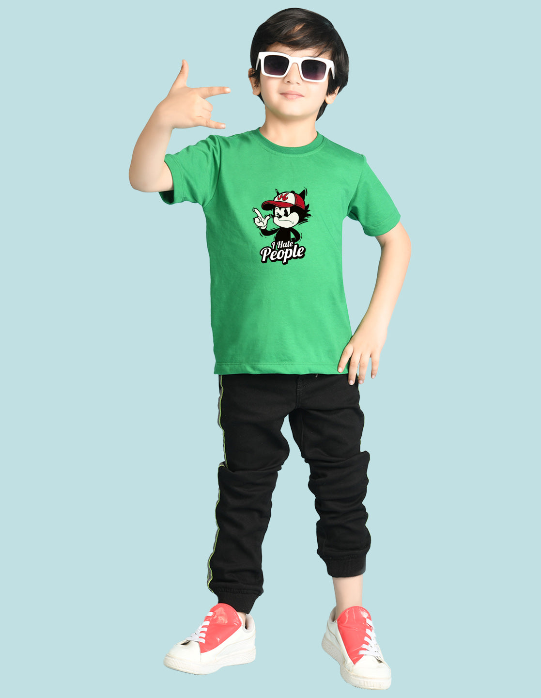 Nusyl Boys Green i Hate People Text Printed Short sleeve Cotton Blend Oversized T-shirts
