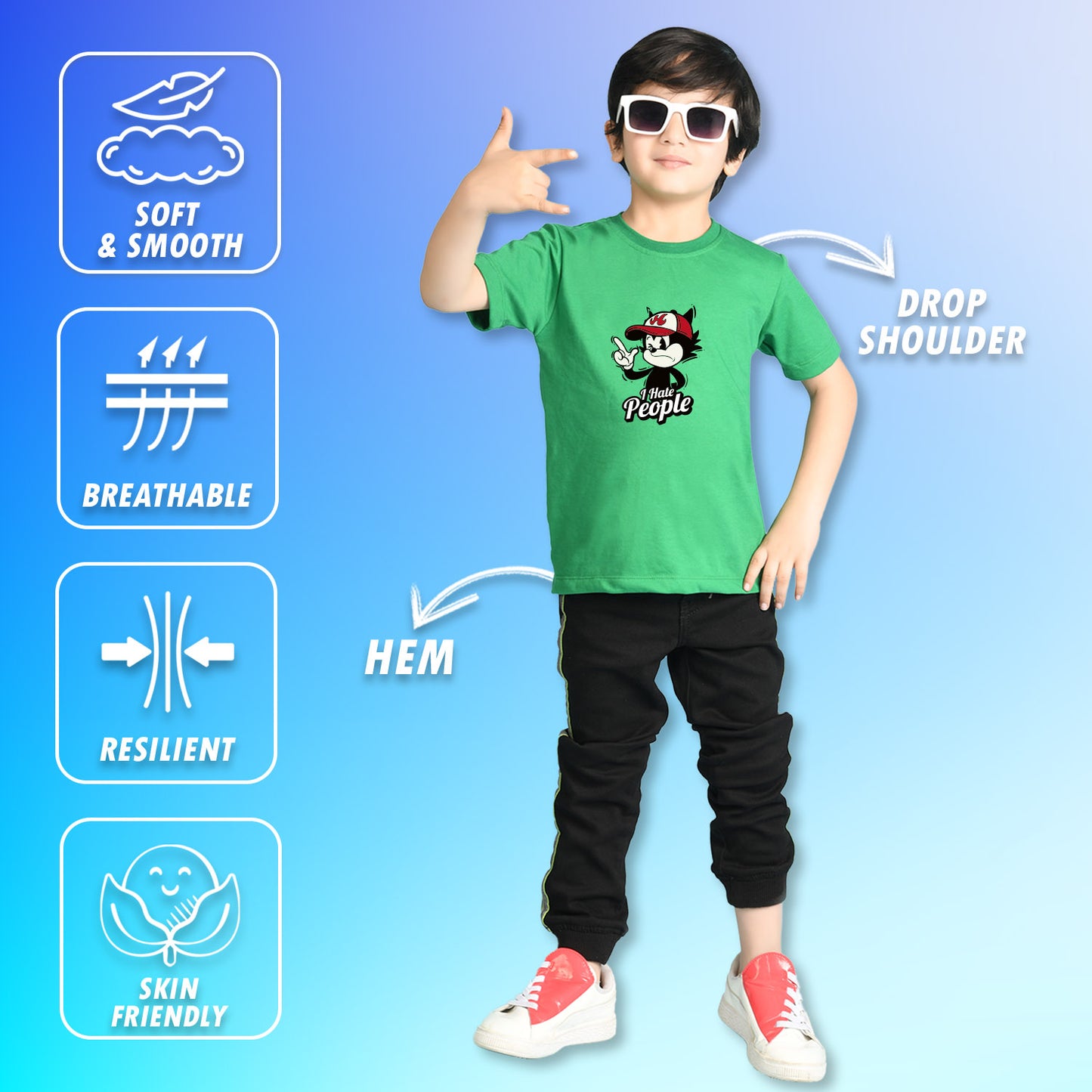 Nusyl Boys Green i Hate People Text Printed Short sleeve Cotton Blend Oversized T-shirts