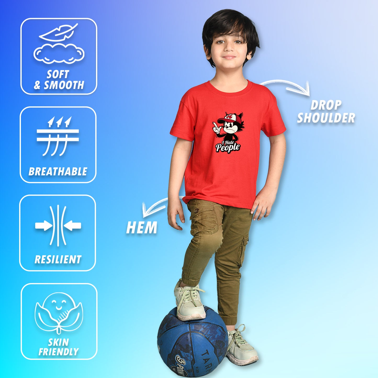 Nusyl Boys Red i Hate People Text Printed Short sleeve Cotton Blend Oversized T-shirts