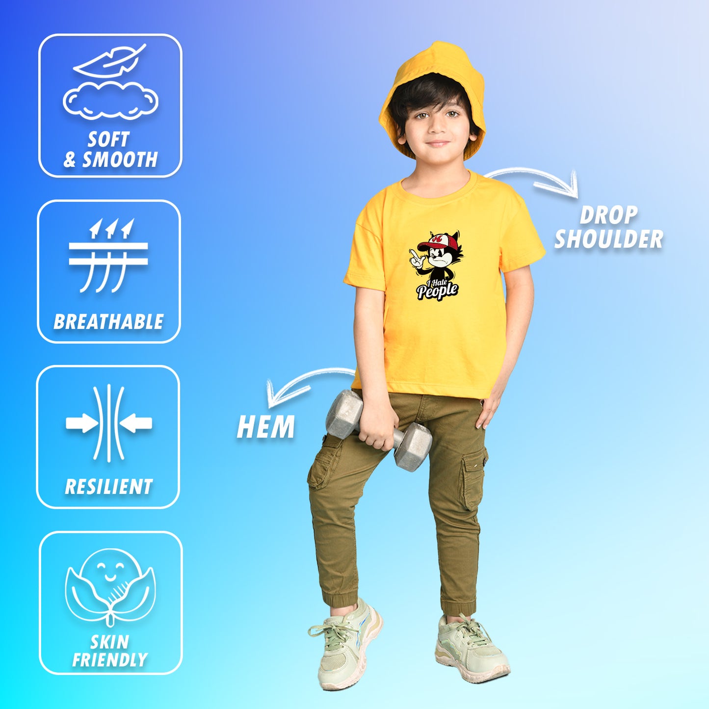 Nusyl Boys Yellow i Hate People Text Printed Short sleeve Cotton Blend Oversized T-shirts