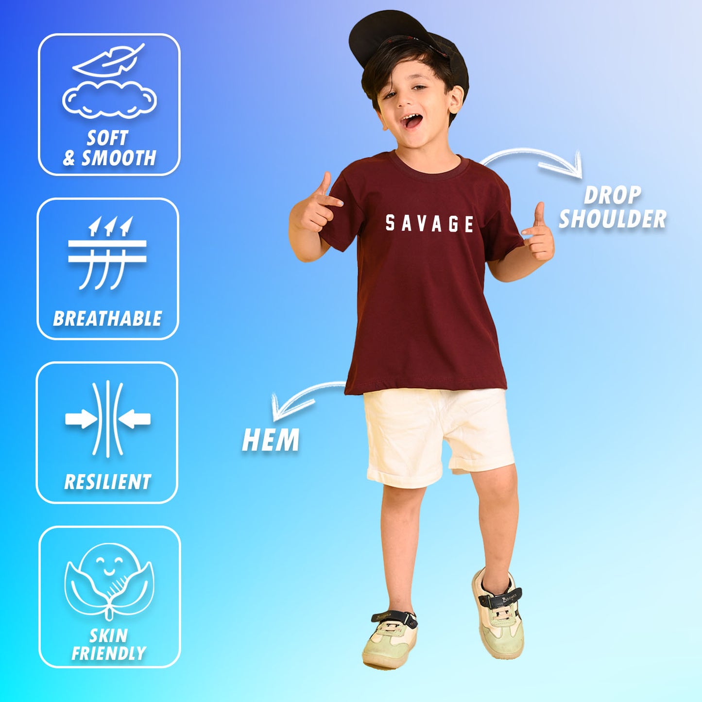 Nusyl Boys Wine Savage Text Printed Short sleeve Cotton Blend Oversized T-shirts