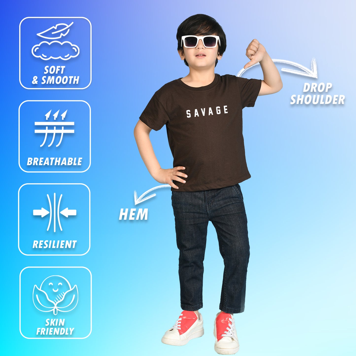 Nusyl Boys Brown Savage Text Printed Short sleeve Cotton Blend Oversized T-shirts
