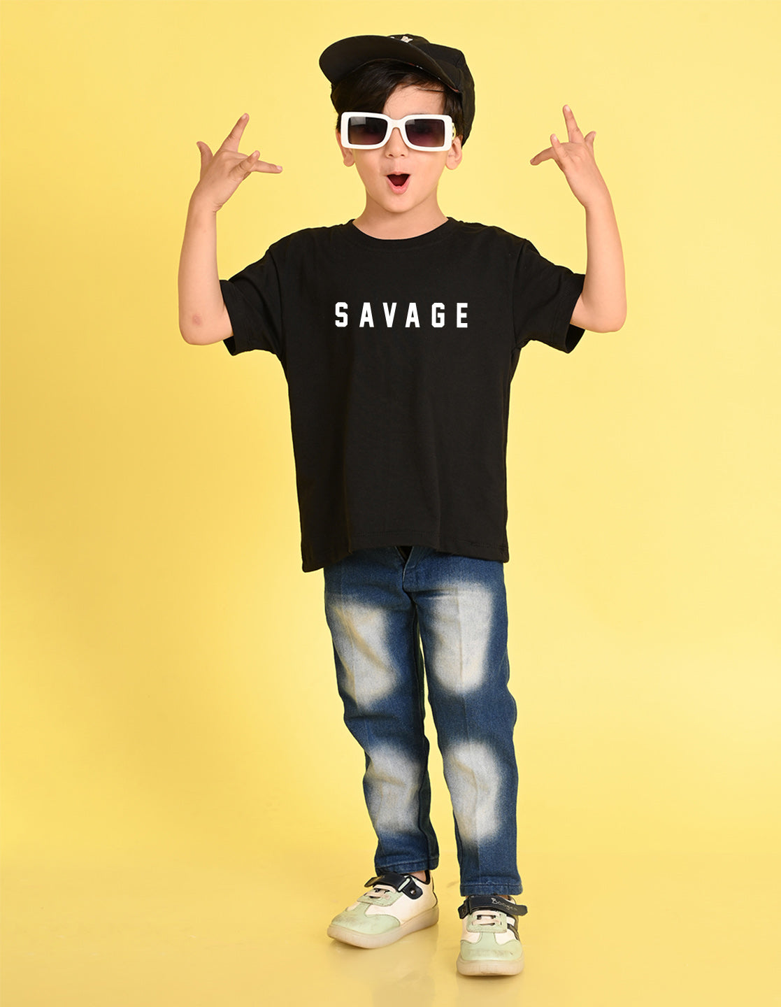 Nusyl Boys Black Savage Text Printed Short sleeve Cotton Blend Oversized T-shirts