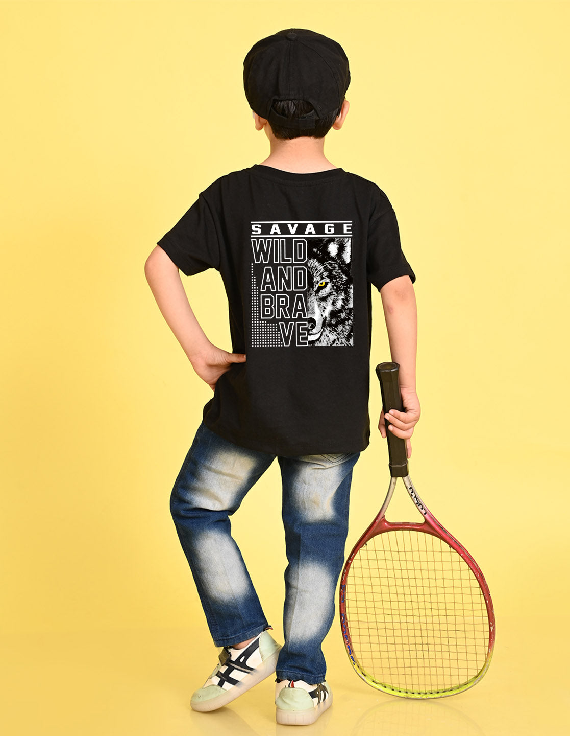 Nusyl Boys Black Savage Text Printed Short sleeve Cotton Blend Oversized T-shirts