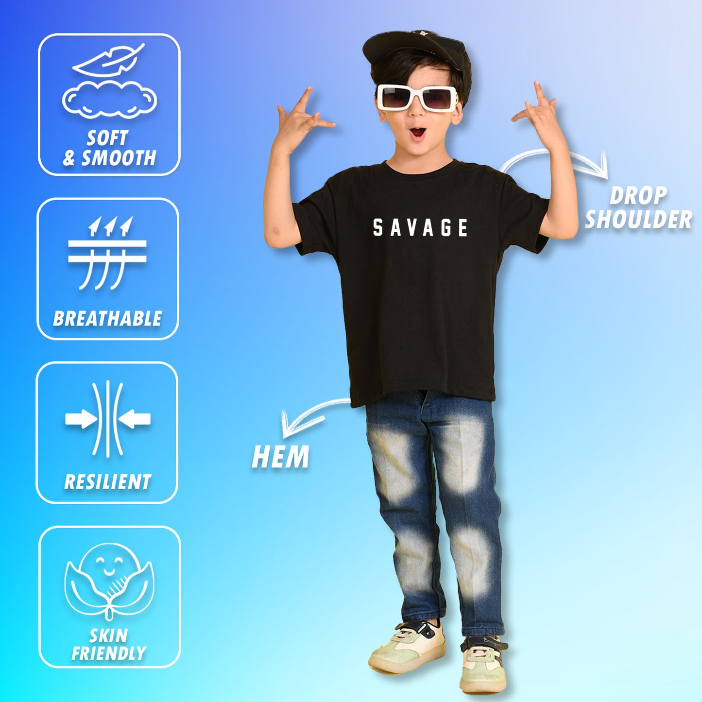 Nusyl Boys Black Savage Text Printed Short sleeve Cotton Blend Oversized T-shirts