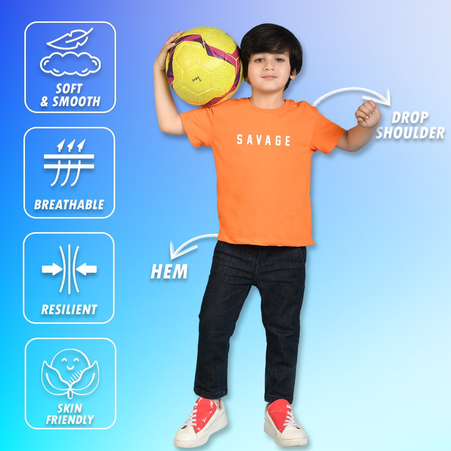 Nusyl Boys Orange Savage Text Printed Short sleeve Cotton Blend Oversized T-shirts