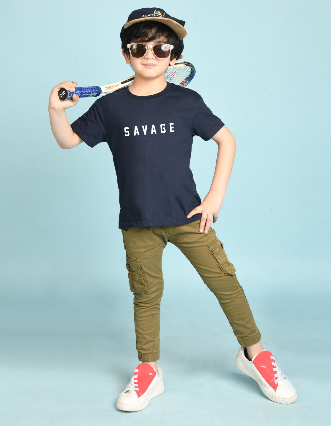 Nusyl Boys Navy Blue Savage Text Printed Short sleeve Cotton Blend Oversized T-shirts