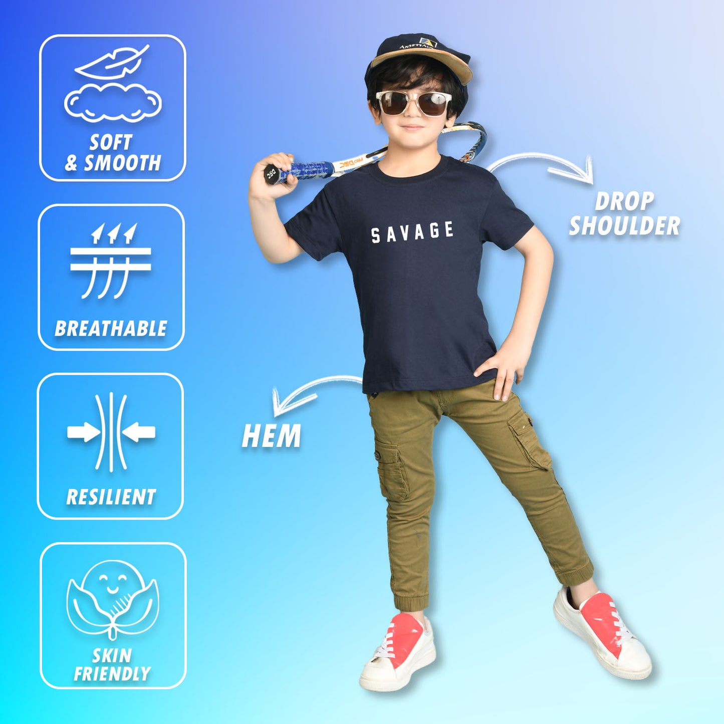 Nusyl Boys Navy Blue Savage Text Printed Short sleeve Cotton Blend Oversized T-shirts