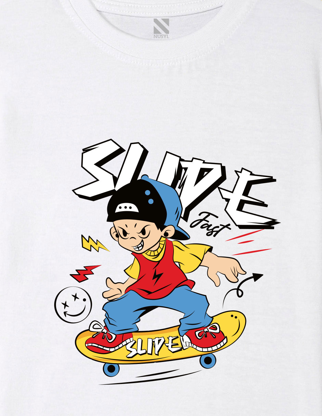 Nusyl Boys White Slipe Text Printed Short sleeve Cotton Blend Oversized T-shirts