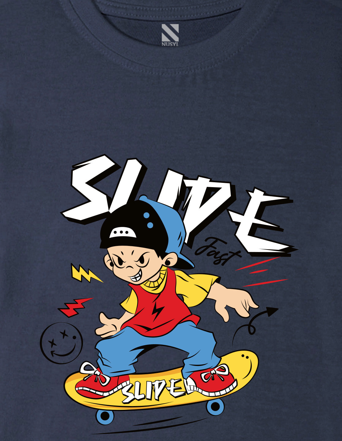 Nusyl Boys Navy Blue Slipe Text Printed Short sleeve Cotton Blend Oversized T-shirts