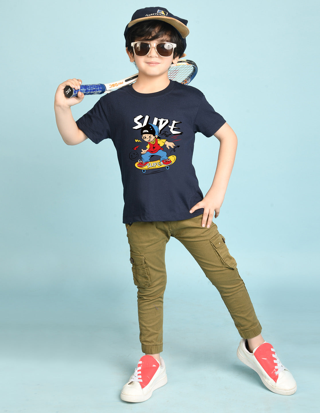 Nusyl Boys Navy Blue Slipe Text Printed Short sleeve Cotton Blend Oversized T-shirts